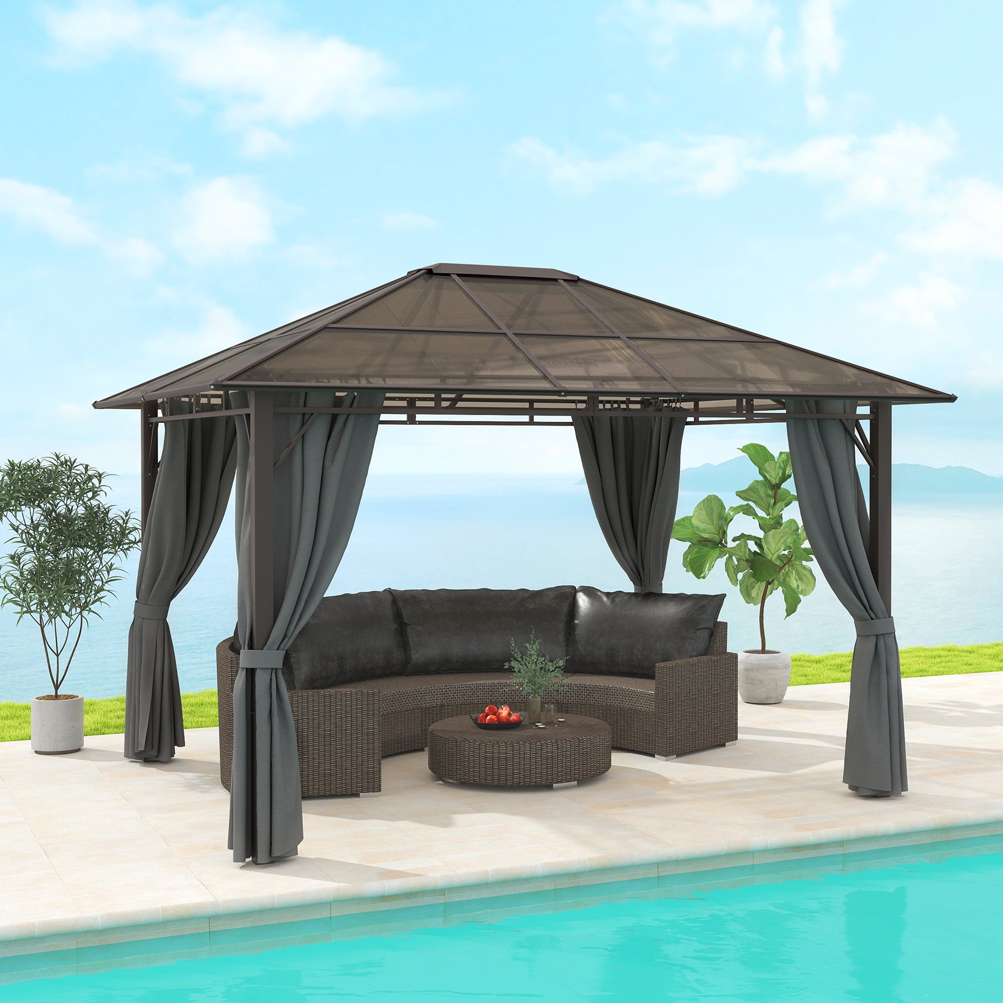 3.6 x 3 Metre Hardtop Gazebo with Polycarbonate Roof and Curtains - Dark Grey