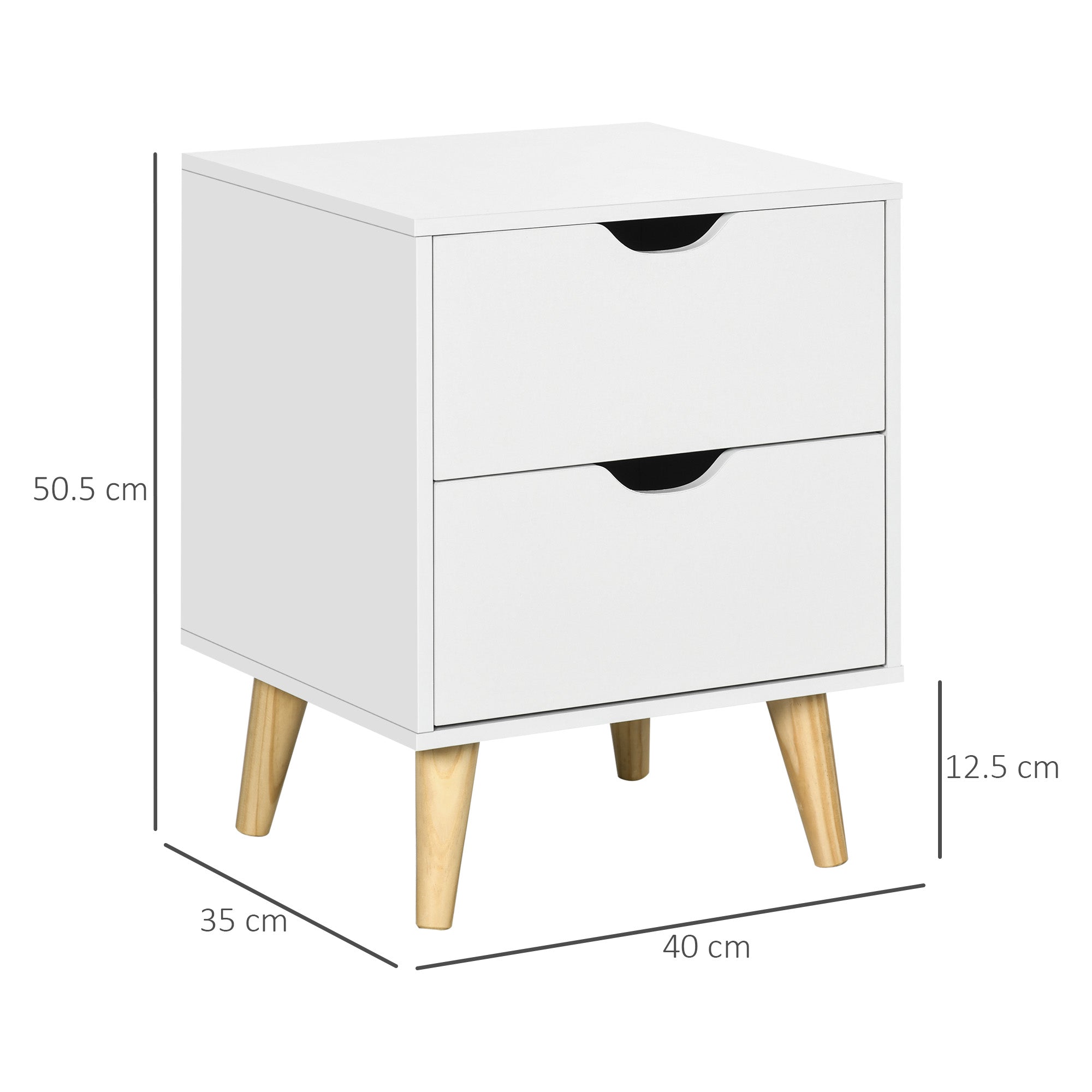 Bedside Table with 2 Drawers and Pine Wood Legs for Bedroom & Living Room - White