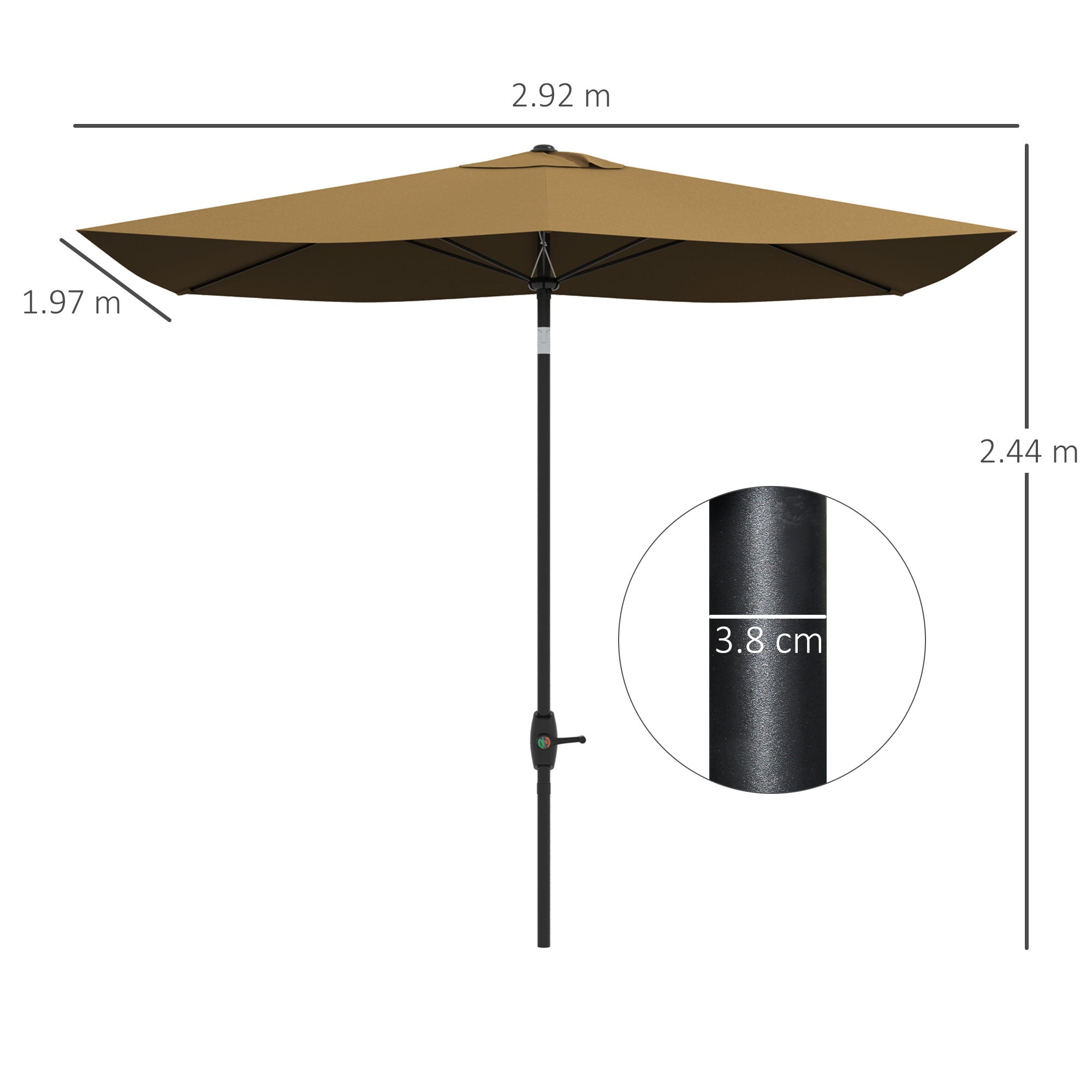 2 x 3(m) Garden Parasol Umbrella, Rectangular Outdoor Market Umbrella Sun Shade with Crank & Push Button Tilt, 6 Ribs, Aluminium Pole, Brown