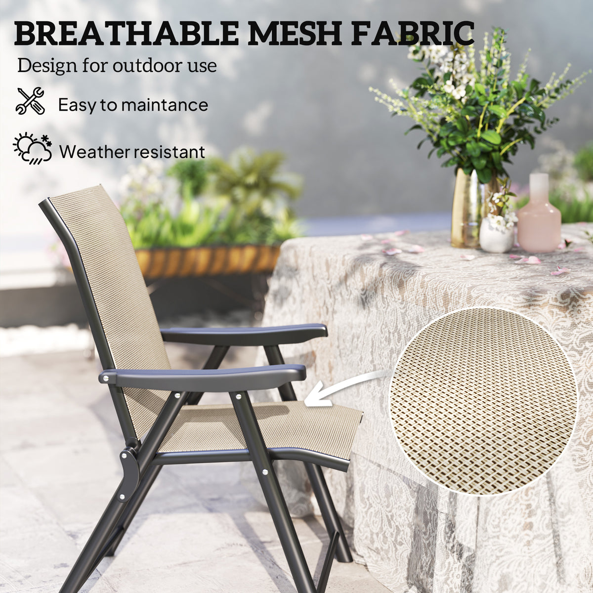 Set of 2 Folding Outdoor Chairs with Breathable Mesh and Armrests - Brown Black