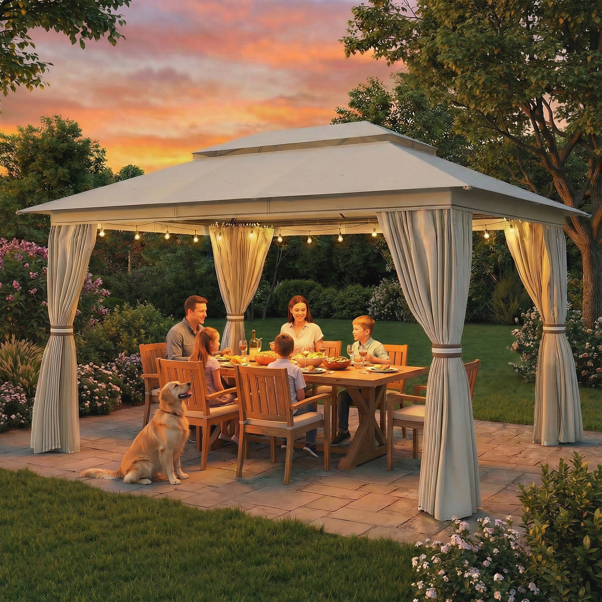 3 x 4 m Outdoor Garden Gazebo with Netting and Curtains, UPF50+ Patio Gazebo Permanent Pavilion Canopy, Beige