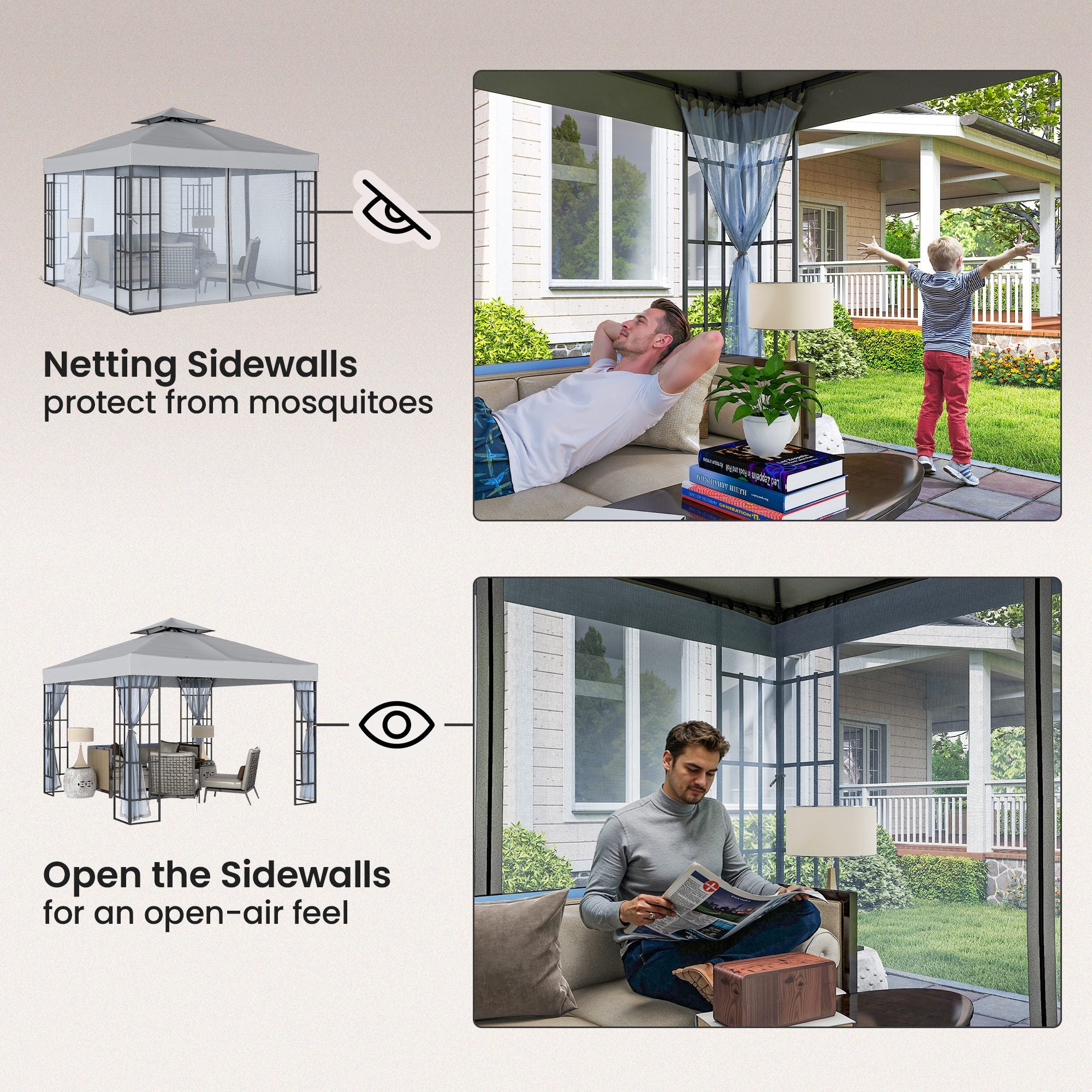3 x 3(m) Patio Gazebo Canopy Garden Pavilion Tent Shelter with 2 Tier Roof and Mosquito Netting, Light Grey