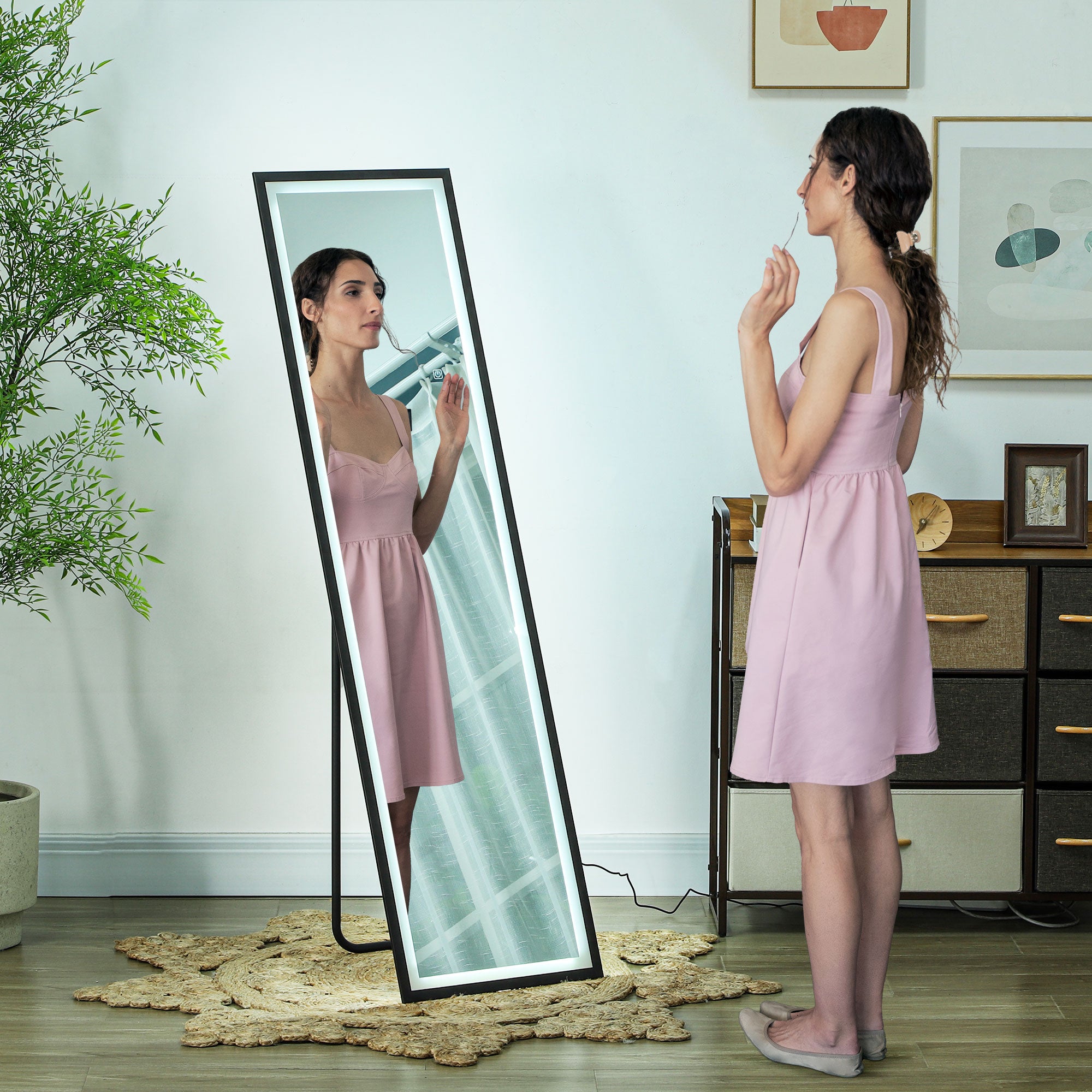 Full Length Mirror with LED Lights, 150 x 40cm Free Standing Mirror with Dimming and 3 Colour Lighting, Leaning or Wall Mirror with Metal Frame for Living Room, Bedroom, Black