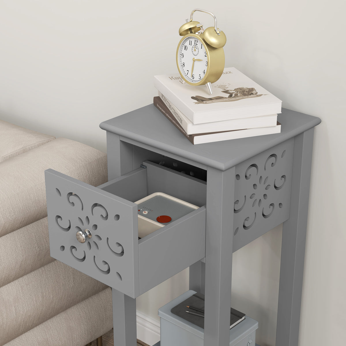 Set of 2 Elegant Floral Cut-Out Side Tables with Drawer and Shelf - Grey