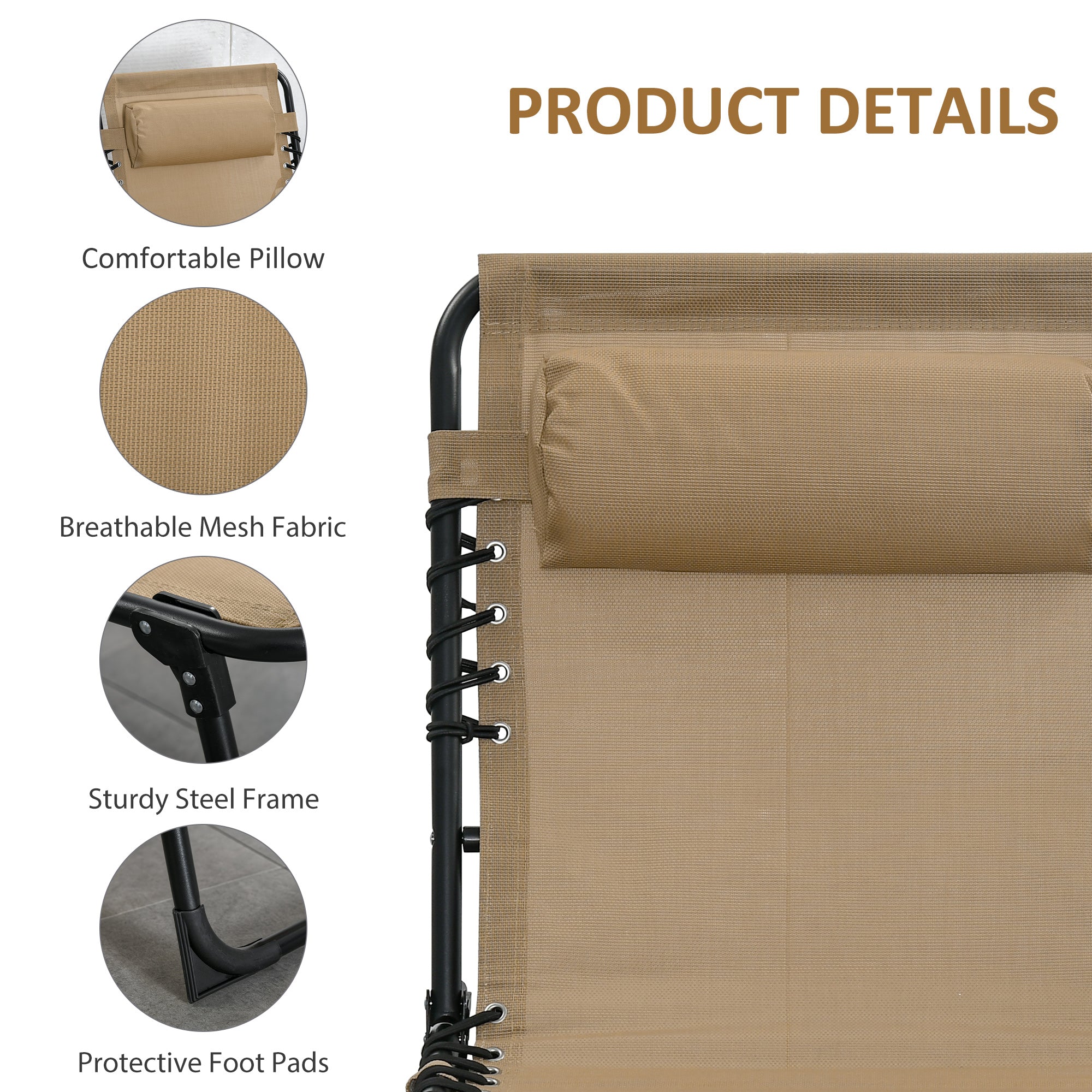 Portable Sun Lounger Set of 2, Folding Camping Bed Cot, Reclining Lounge Chair 5-position Adjustable Backrest with Side Pocket, Pillow for Patio Garden Beach Pool, Beige