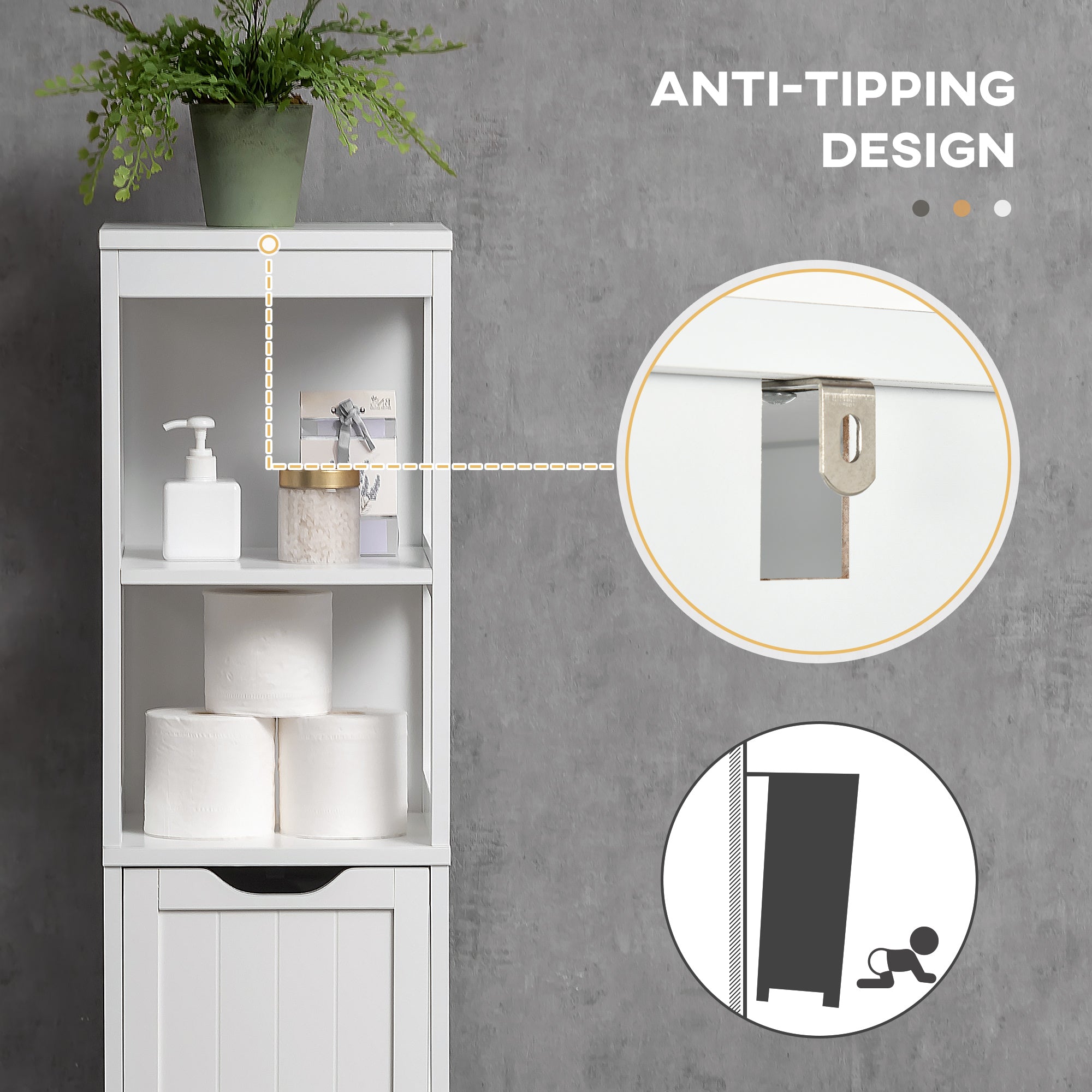 Narrow Floor Cabinet, Bathroom Cabinet with 3 Drawers and 2 Open Shelves, 30W x 30D x 141.6Hcm, White