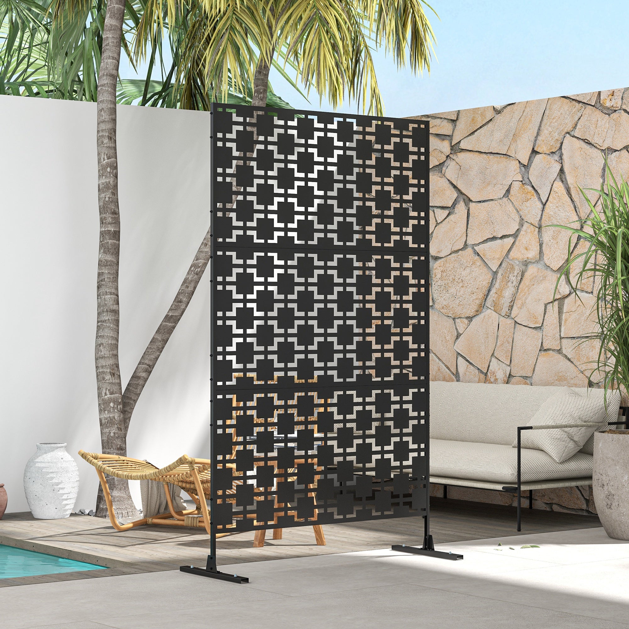 Metal Decorative Privacy Screen Outdoor Divider, Black Grid