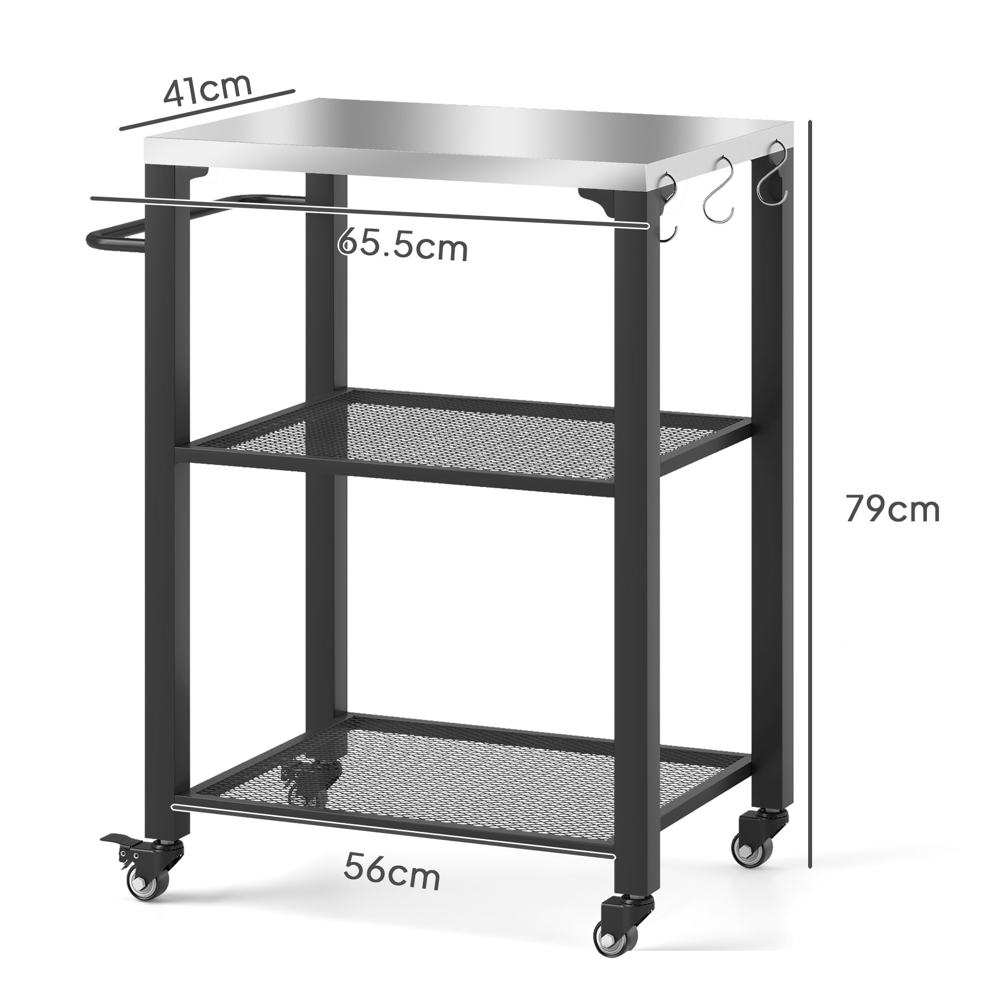 Three-Shelf Outdoor Grill Cart with Stainless Steel Top, Outdoor Kitchen Island with 4 Wheels, 3 Hooks, Movable Food Prep Pizza Oven Table for Kitchen, Patio, Garden, 65.5 x 41 x 79 cm