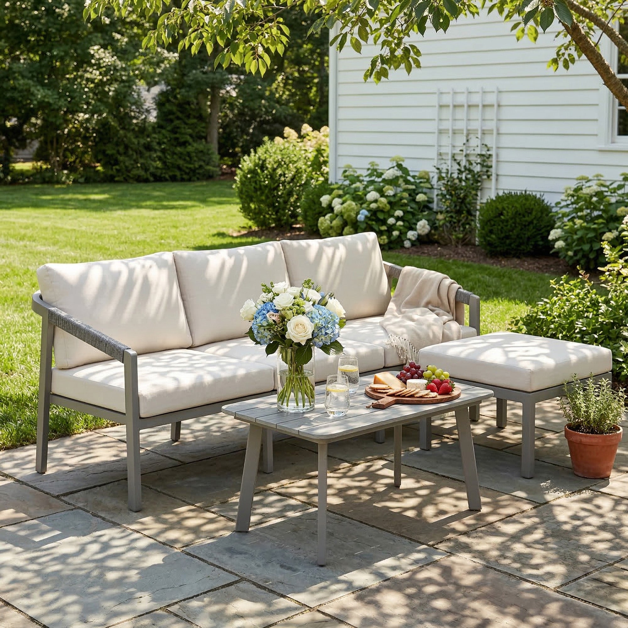 3 Piece Garden Dining Set, Outdoor Patio Furniture with 3 Seater Sofa, Footstool, Coffee Table and Cuhsions