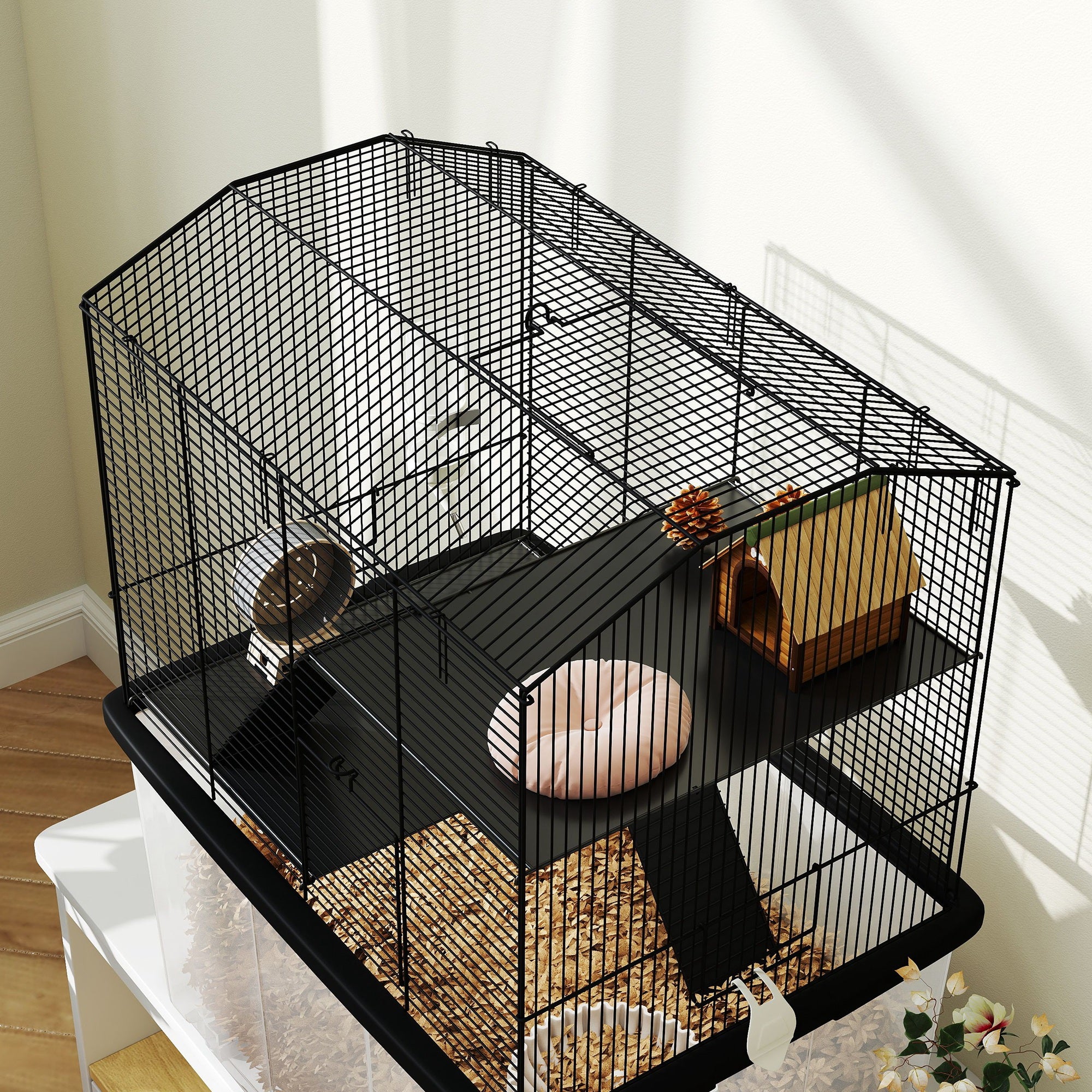 Three-Tier Gerbil and Hamster Cage with Food Dish, Water Bottle & Wheels - Black