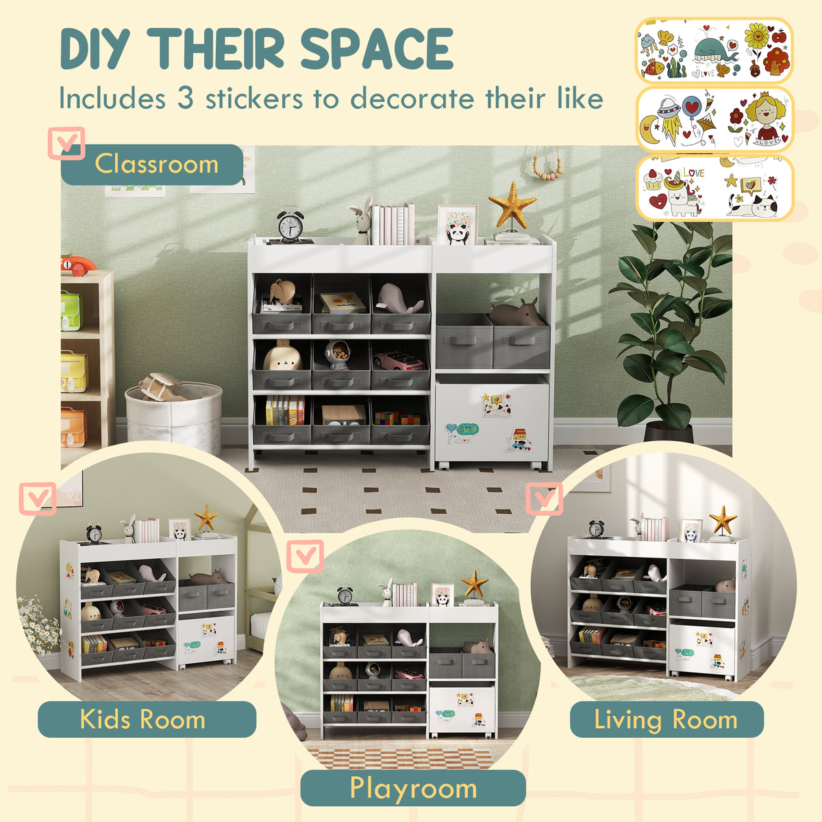 Kids Toy Storage Unit with 11 Fabric Bins and Shelves - White