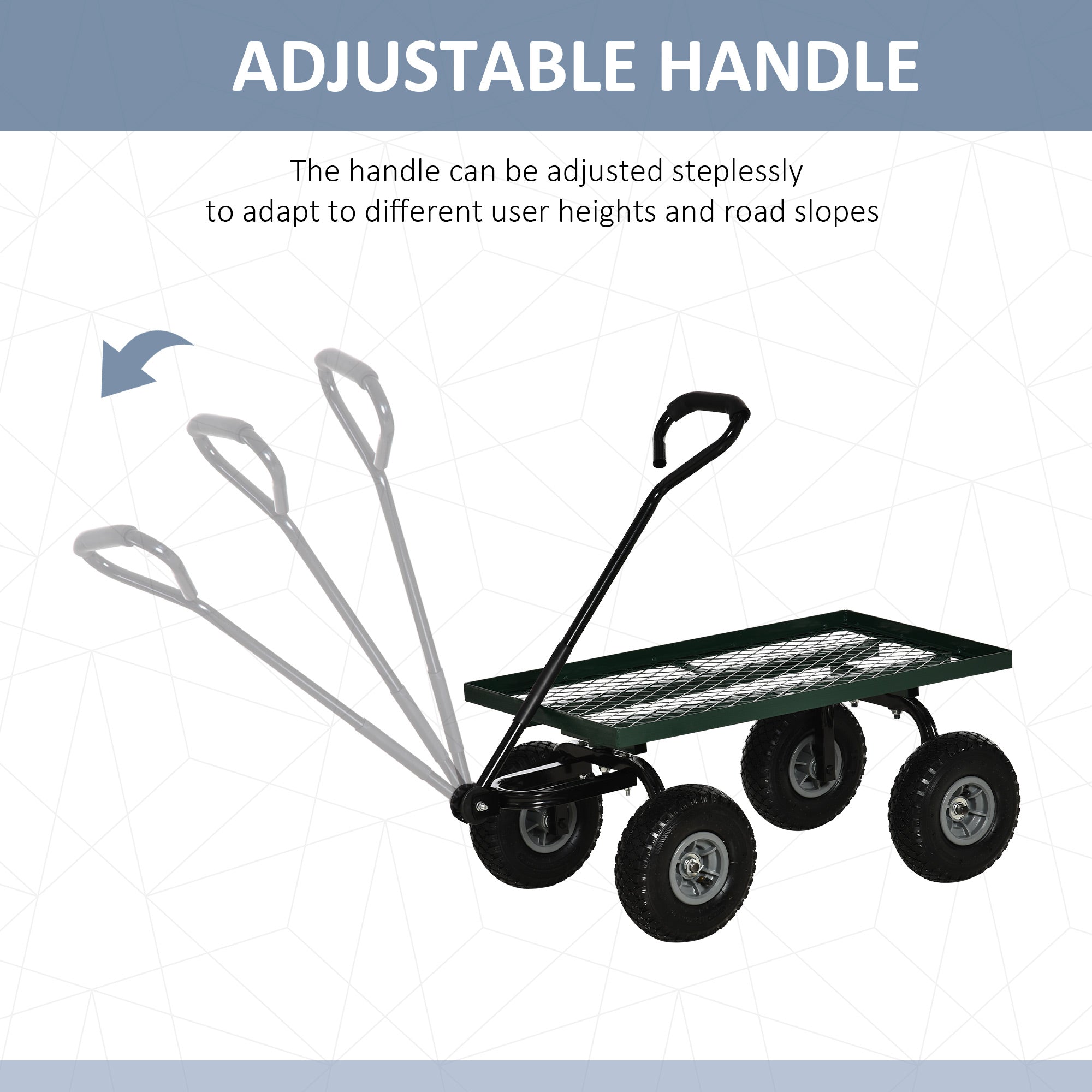 Garden Trolley Cart, Heavy Duty Garden Cart with Metal Frame, 10" Pneumatic Wheels, Rotating Handle, 150kg Capacity, for Garden, Farm, Green
