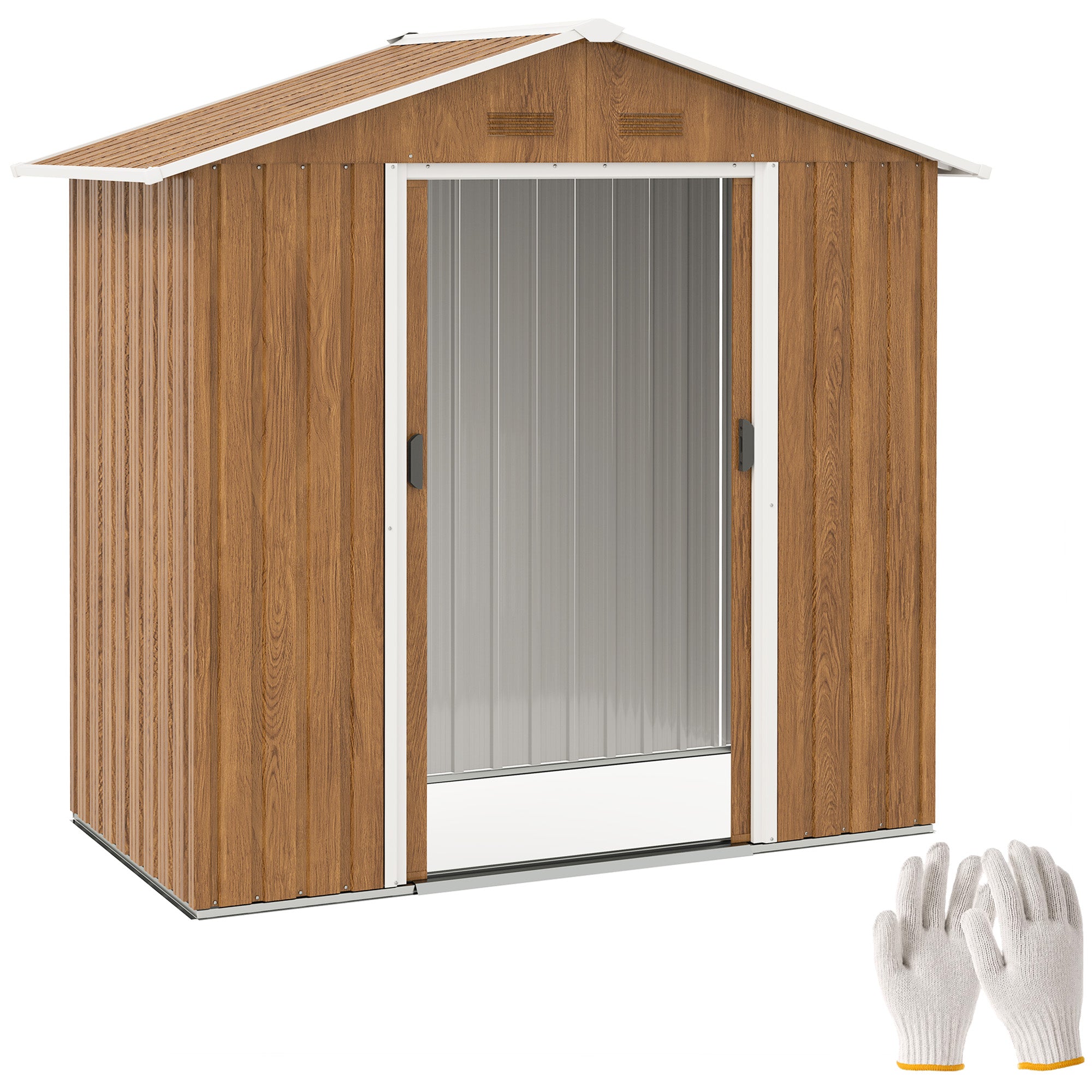 6.5 x 3.5ft Metal Garden Storage Shed with Double Sliding Doors - Brown Wood Effect