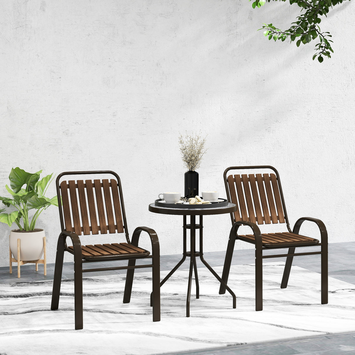 3 Pieces Outdoor Patio Bistro Set with Stackable Chairs and Tempered Glass Table - Dark Brown