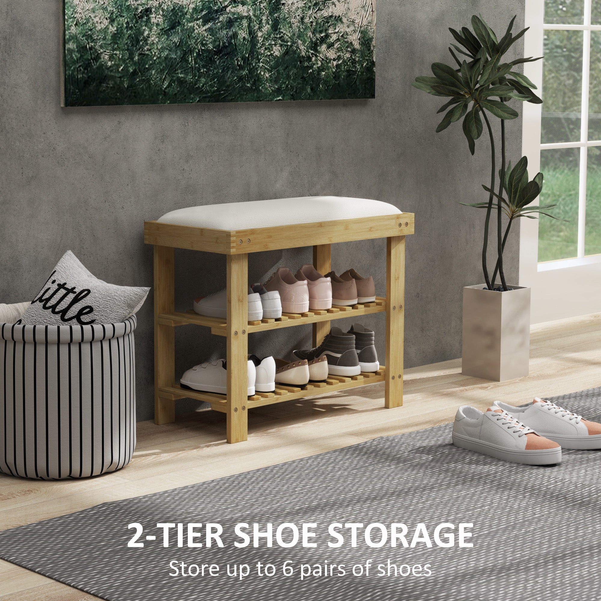 Bamboo Shoe Storage Bench, 3-Tier Shoe Bench with Seat Cushion, Shoe Rack for Entryway, Hallway, Living Room, Bedroom, Cream White