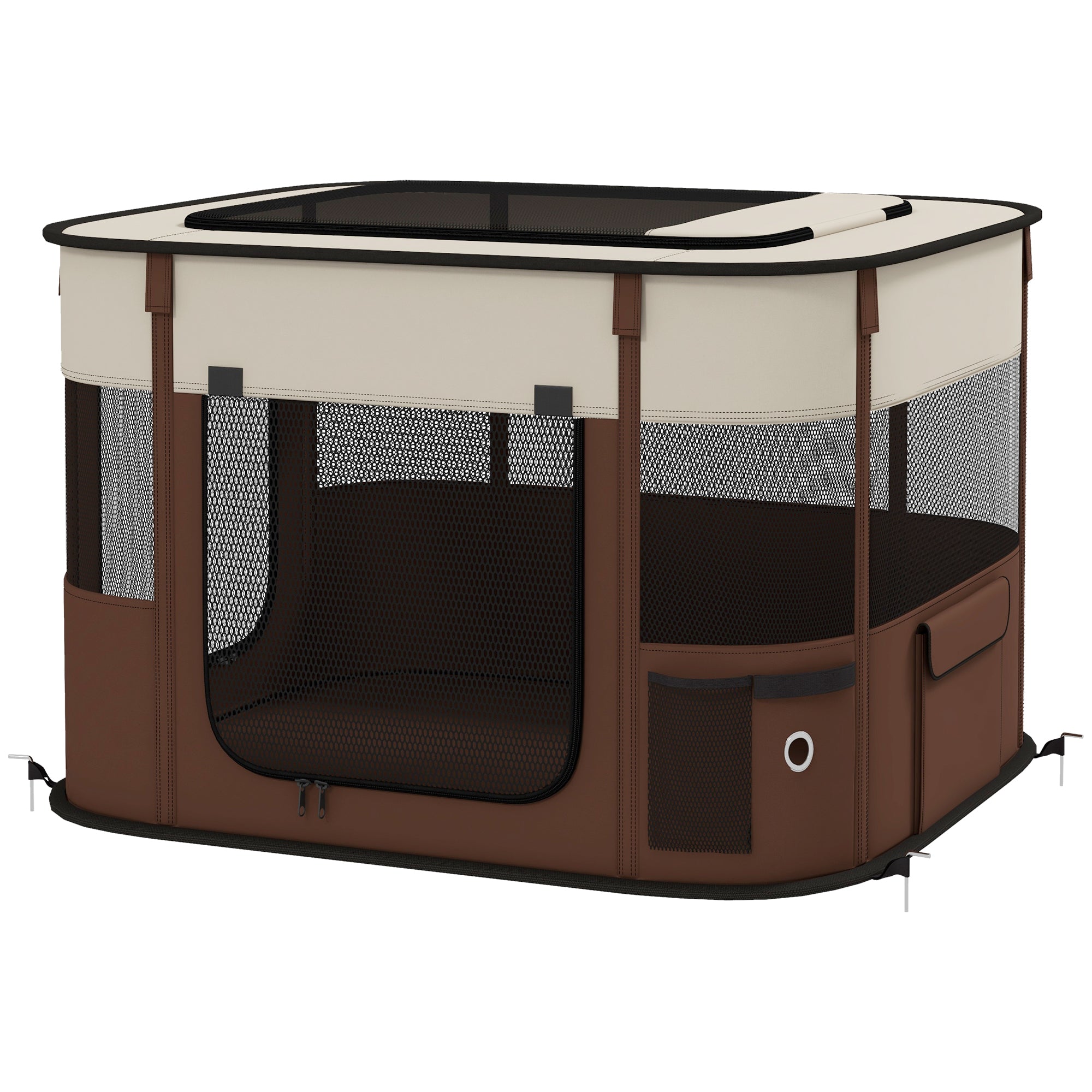 Foldable Dog Pen with Storage Bag for Indoor/Outdoor Use, Portable Pet playpen, with Ground Stakes - Brown