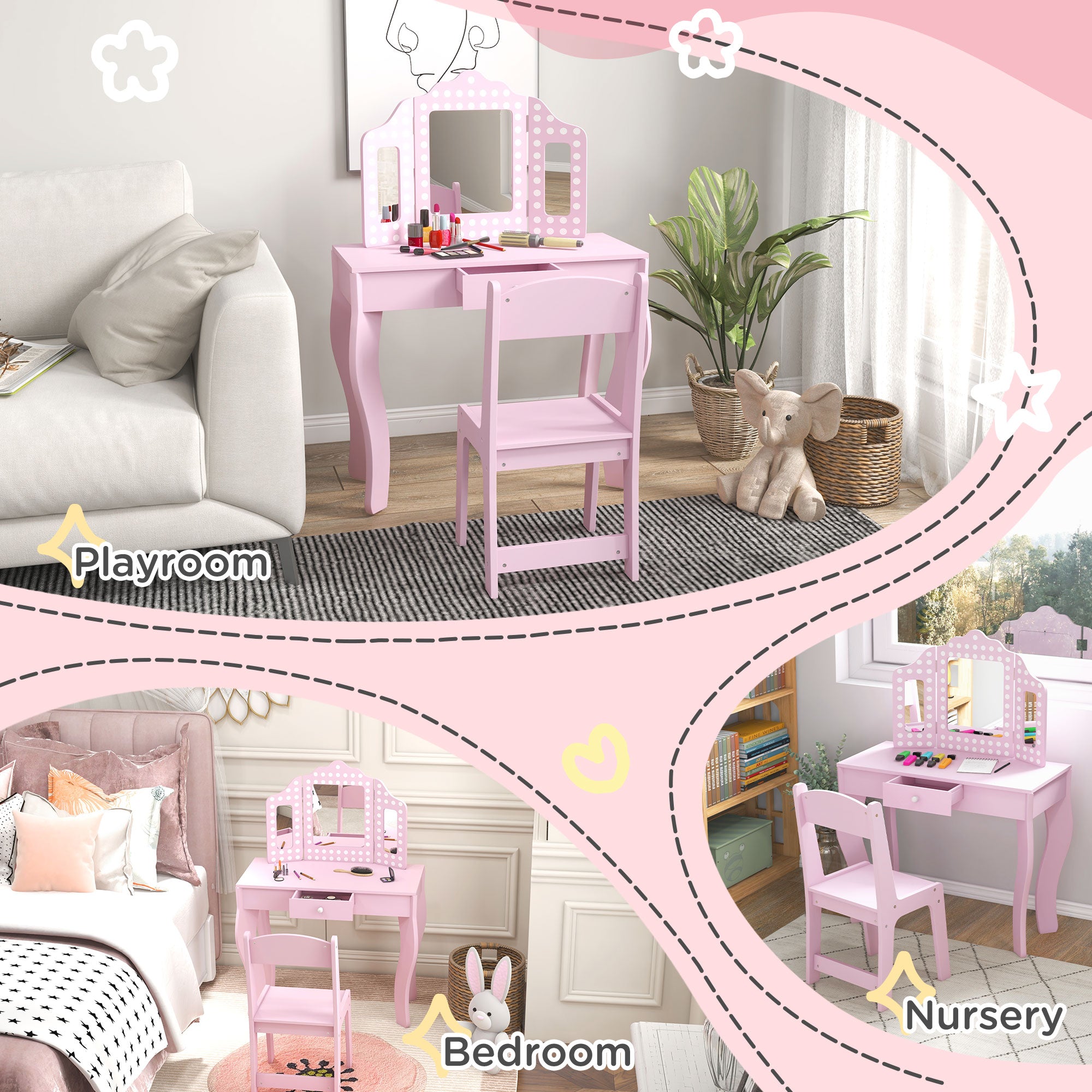 Kids Dressing Table Sets with Stool and Tri-Fold Mirror, Drawer for Playroom, Bedroom - Pink