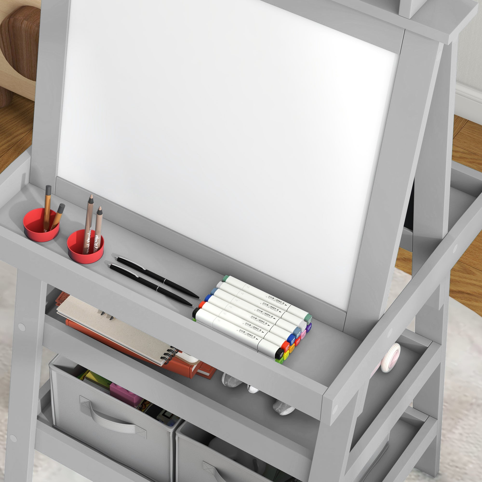 3 in 1 Kids Easel Double-Sided Magnetic Whiteboard and Chalkboard with Paper Roll, Storage Baskets - Grey