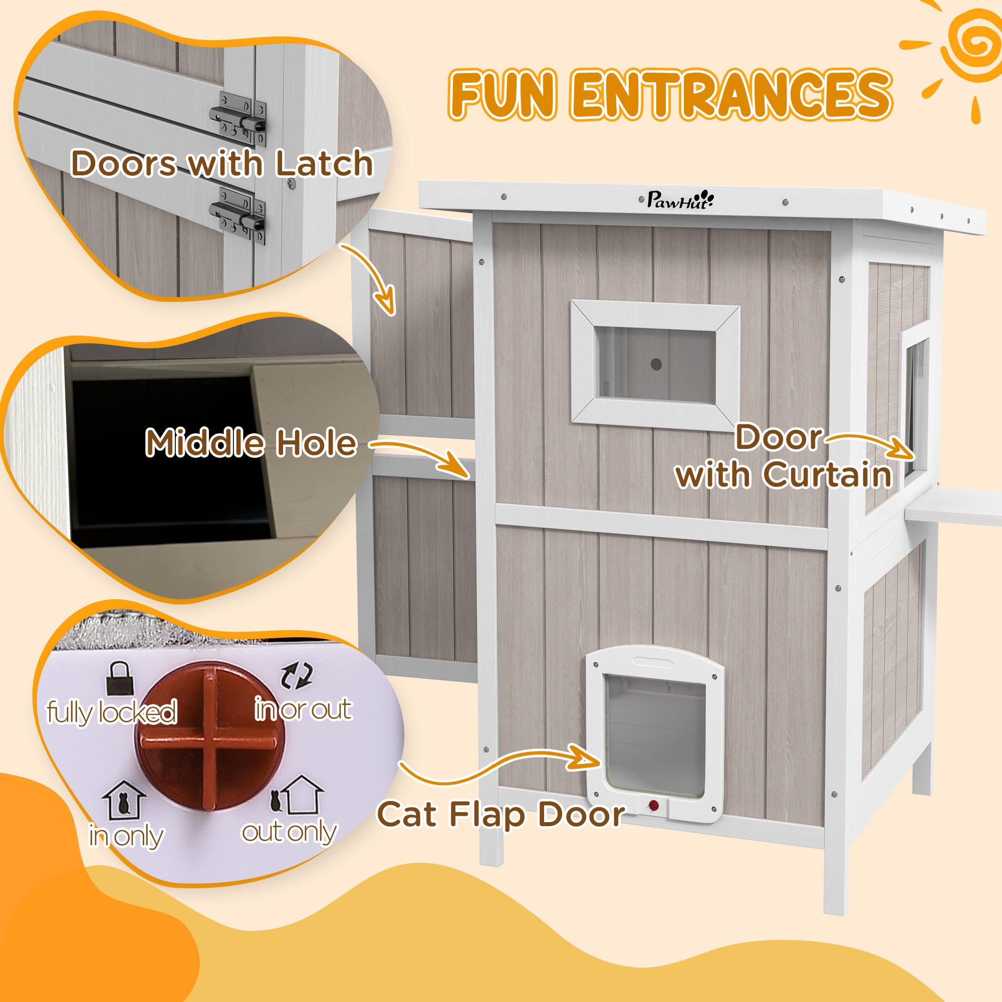 Outdoor 2 Tiers Wooden Cat Shelter w/ Removable Bottom, Escape Doors, Asphalt Roof, for 1-2 Cats - Light Grey