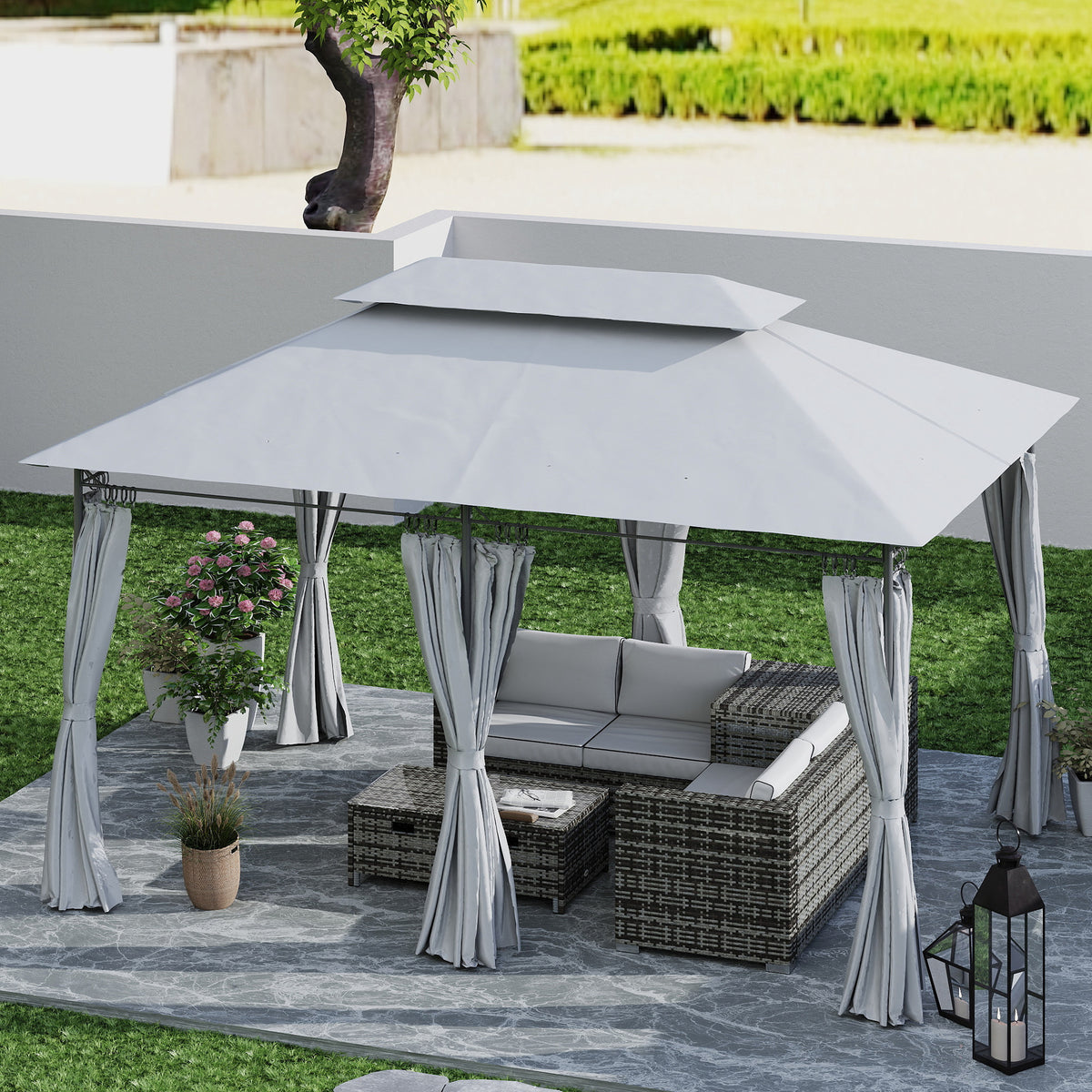 3 x 4m Metal Frame Two-Tier Roof Gazebo - Dark Grey