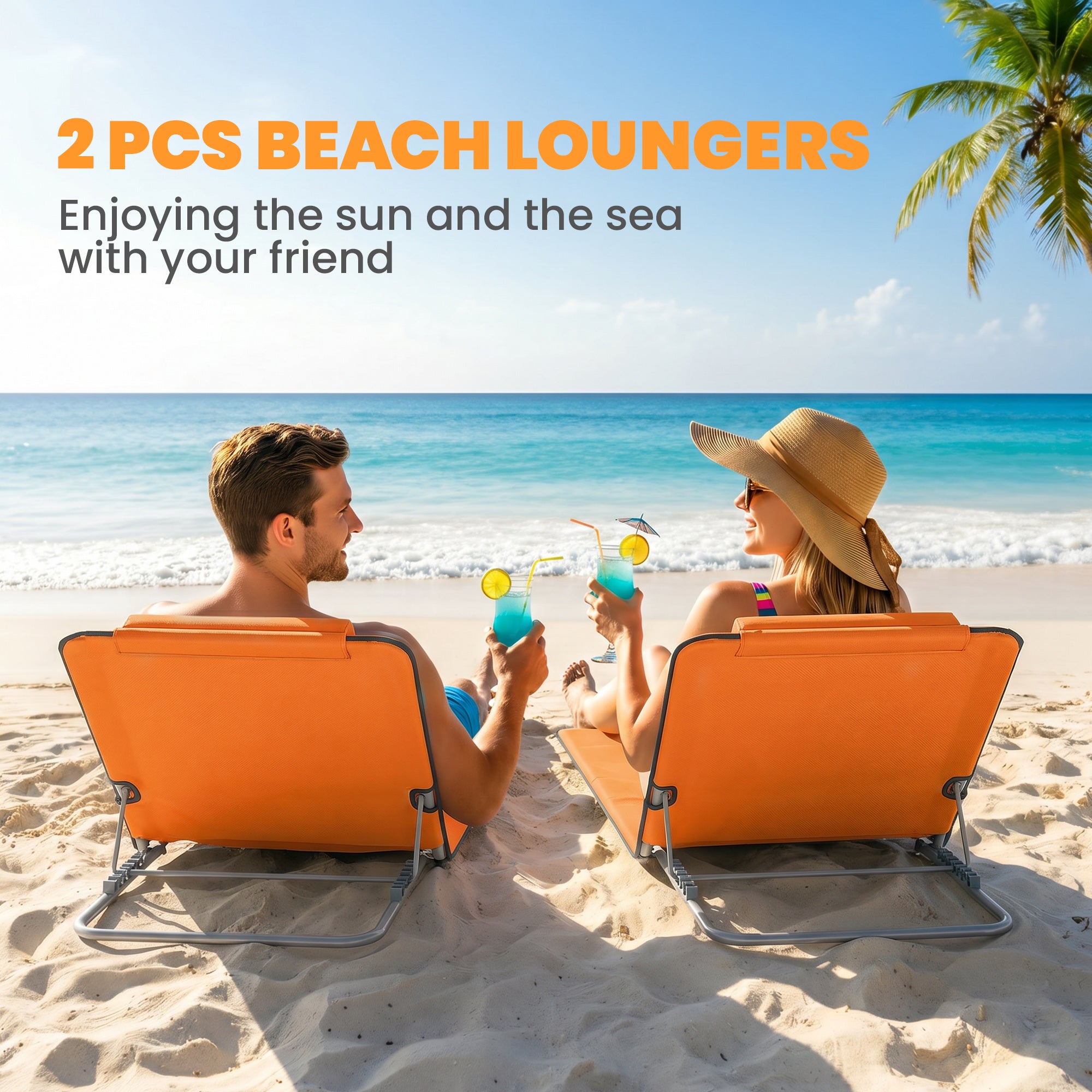 Set of Two Metal Frame Beach Chairs, with Reclining Backs - Orange