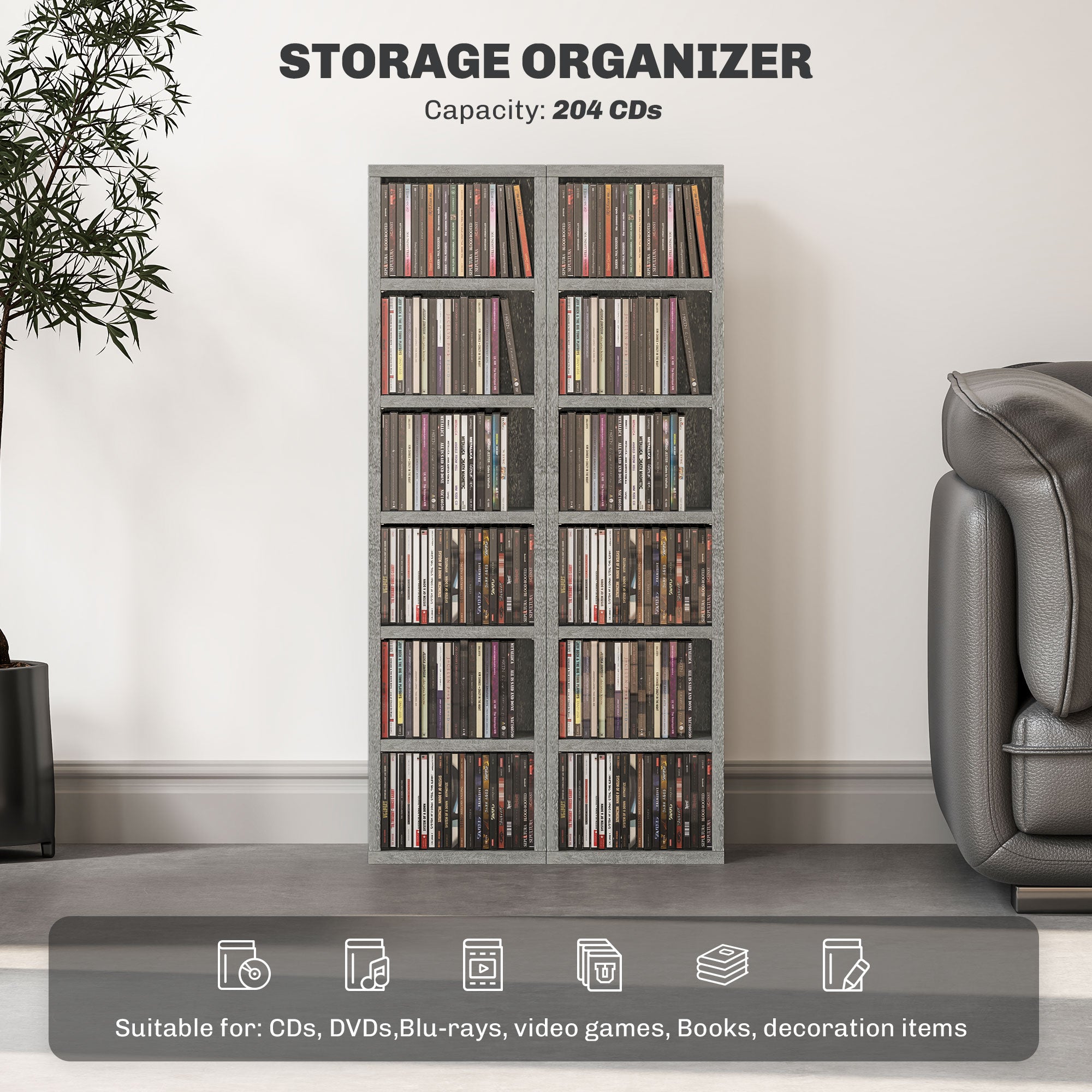 Set of Two 102-CD Storage Units with Adjustable Shelves - Cement Grey