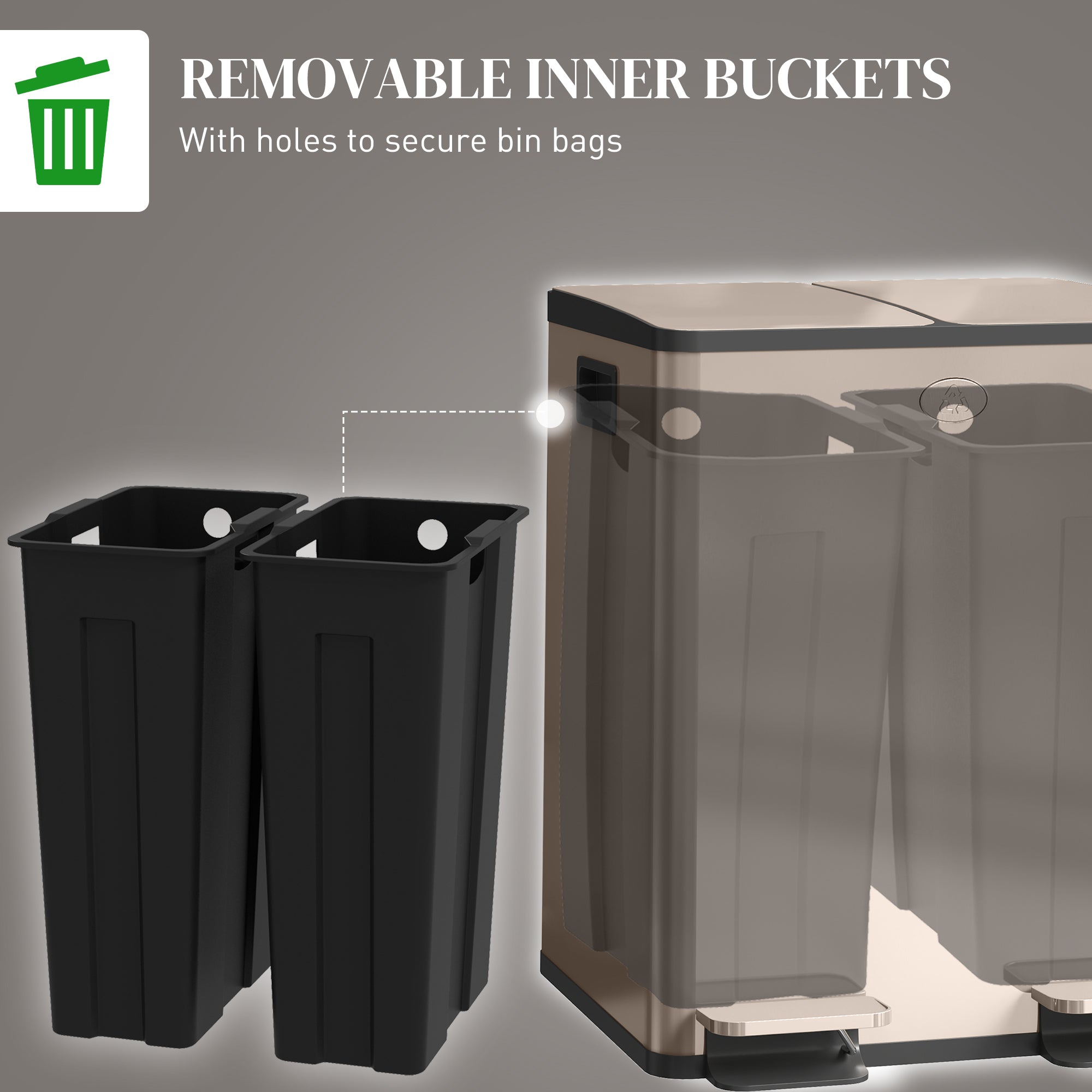 40L Dual Compartment Stainless Steel Bin, with Deodoriser Holders - Gold Tone