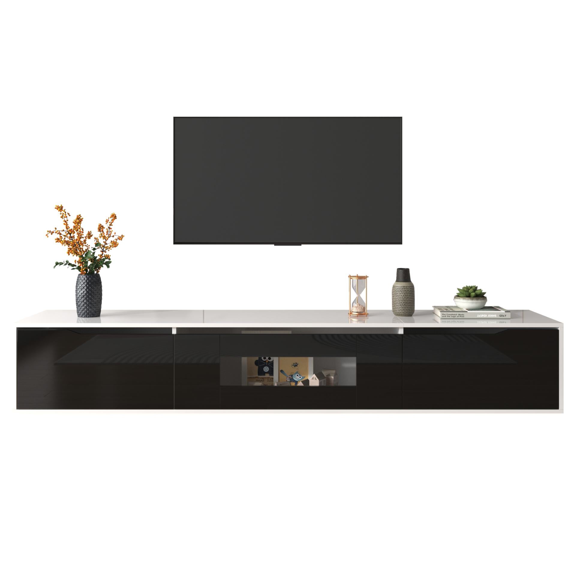 High-Gloss TV Cabinet with LED Lights, Modern Design, Versatile Mounting Options, 180L x 35W x 30H cm, Black