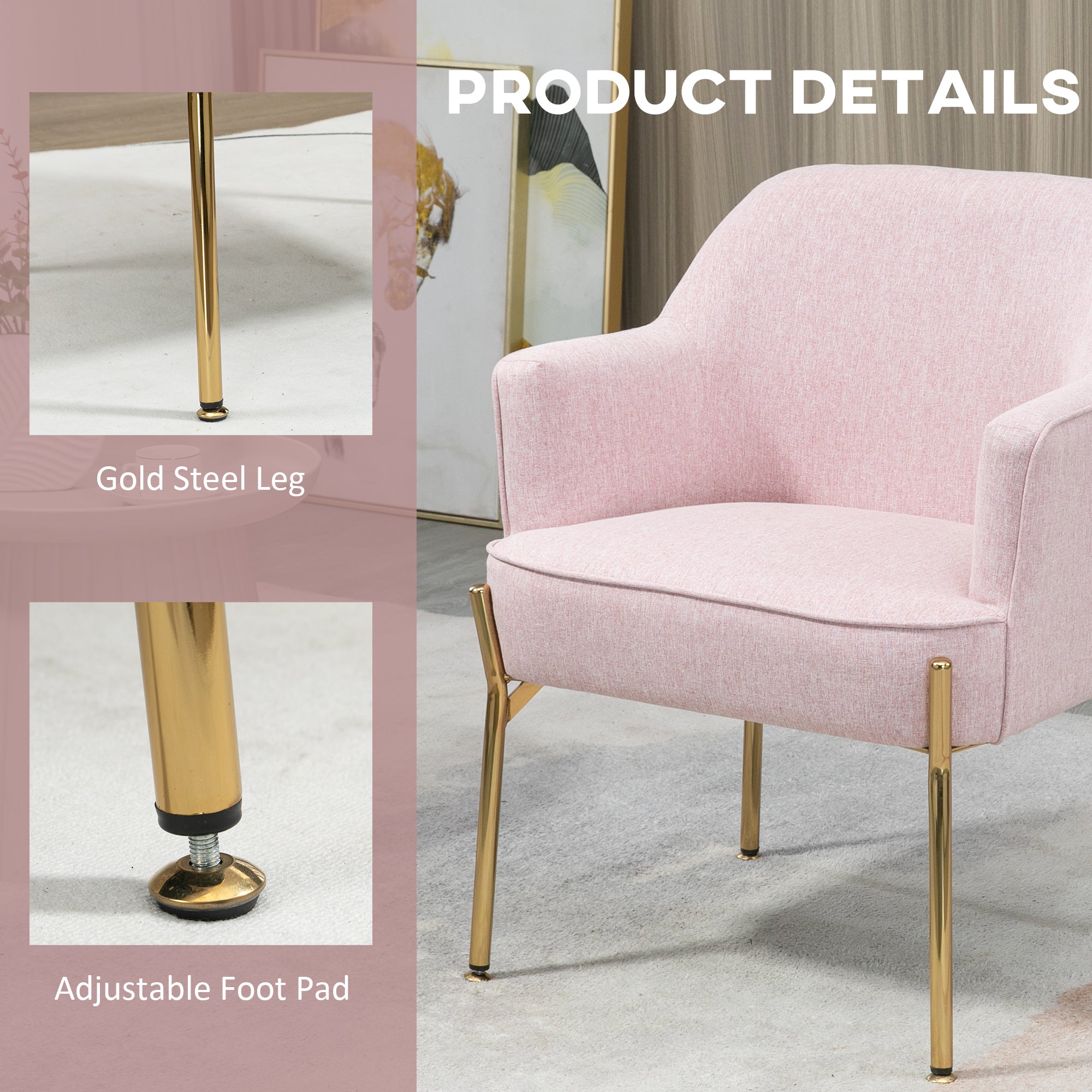 Accent Chair, Living Room Armchair, Vanity Chair with Gold Plating Metal Legs and Soft Padded Seat for Bedroom and Caf©, Set of 2, Pink