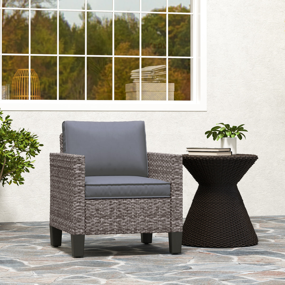 Single Rattan Armchair with Removable Cushions - Mixed Grey