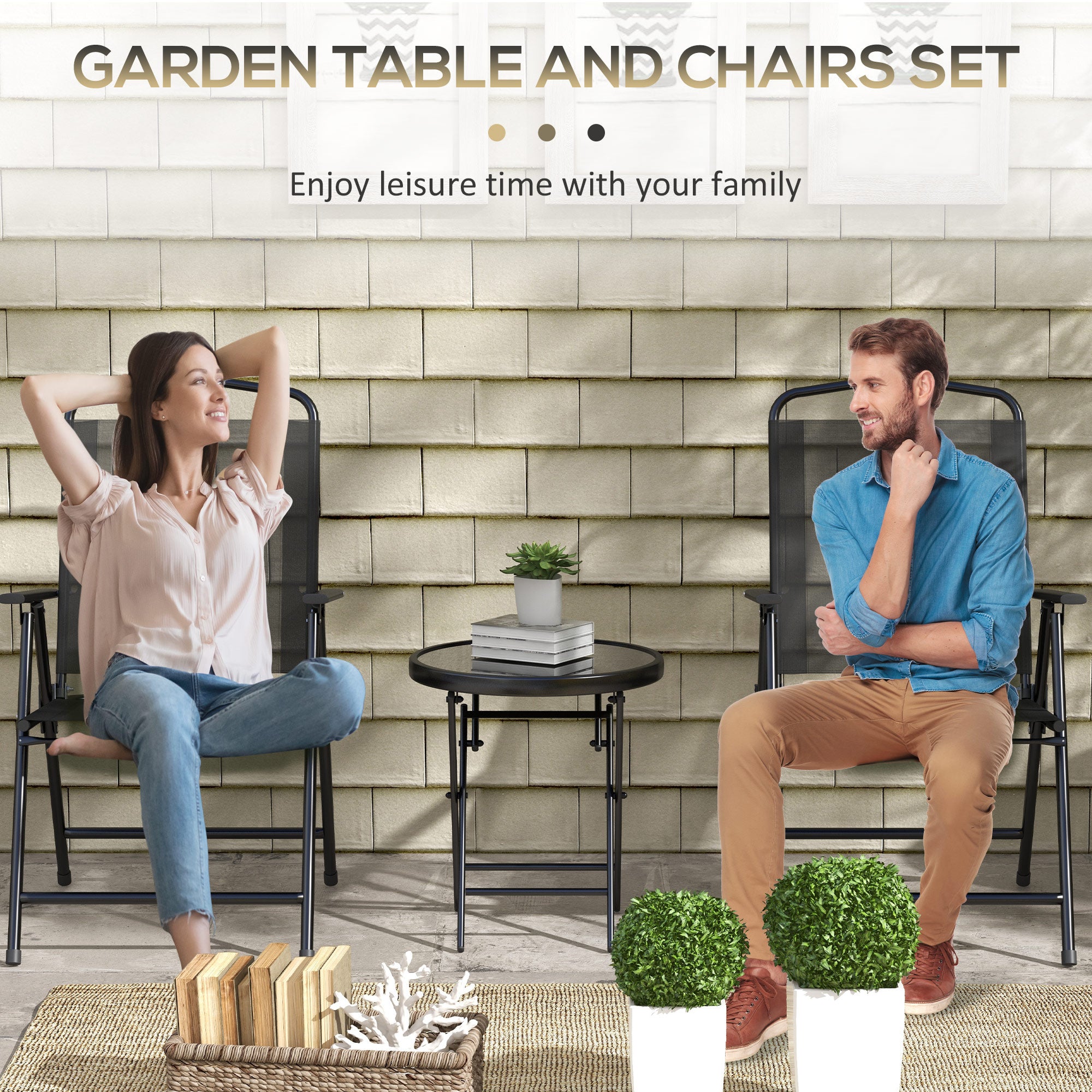 Three-Piece Foldable Garden Seat Set with Glass-Top Table - Black