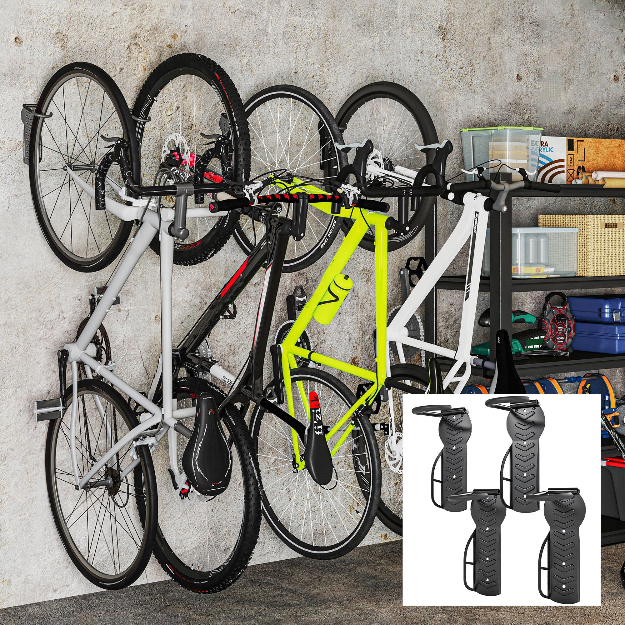 4 Pack Bike Rack, Wall Mounted Bicycle Hanger Hook, Foldable Garage Bike Wall Rack, Bicycle Storage Holder for Indoor Outdoor Use