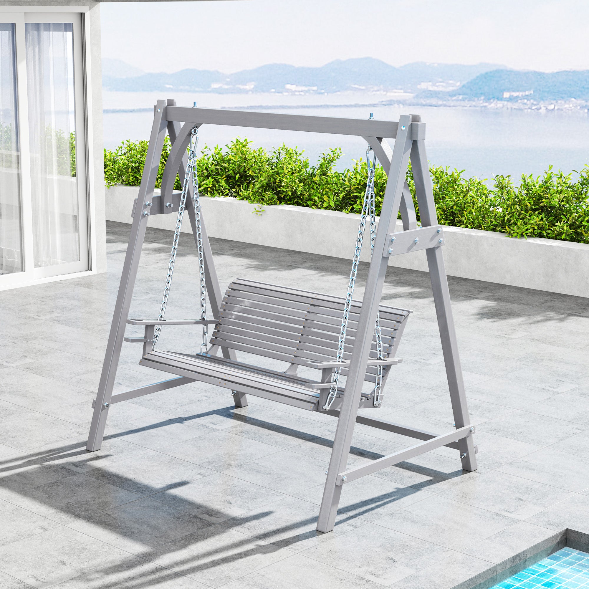 2 Seater Garden Swing Seat Larch Wood Swing Chair Hammock Bench Lounger - Grey