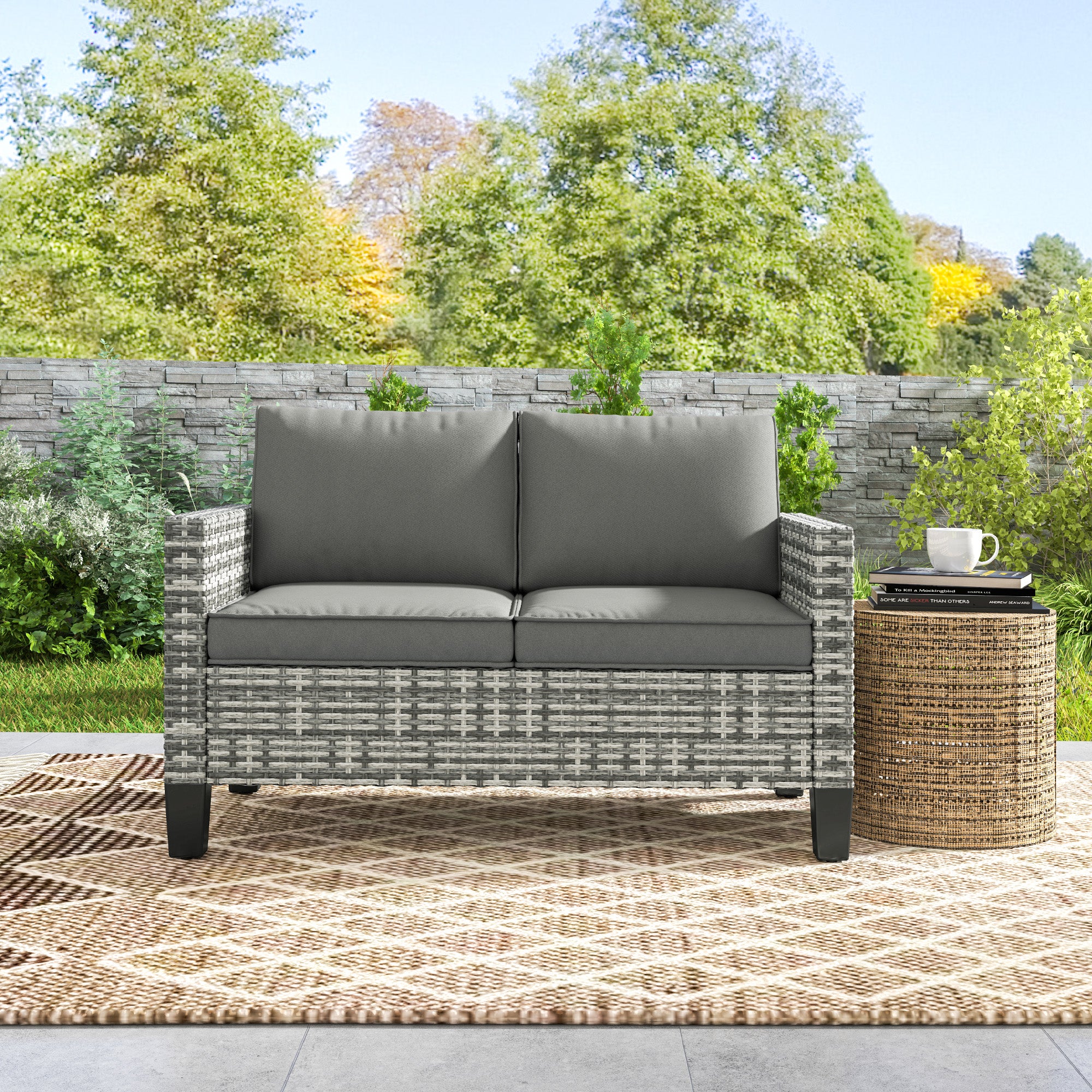 Two-Seater Rattan Outdoor Sofa - Light Grey