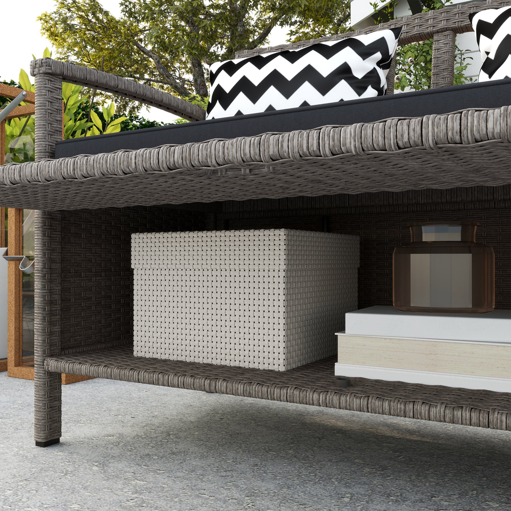 Two-Seater Outdoor Rattan Storage Bench 160L Capacity - Grey