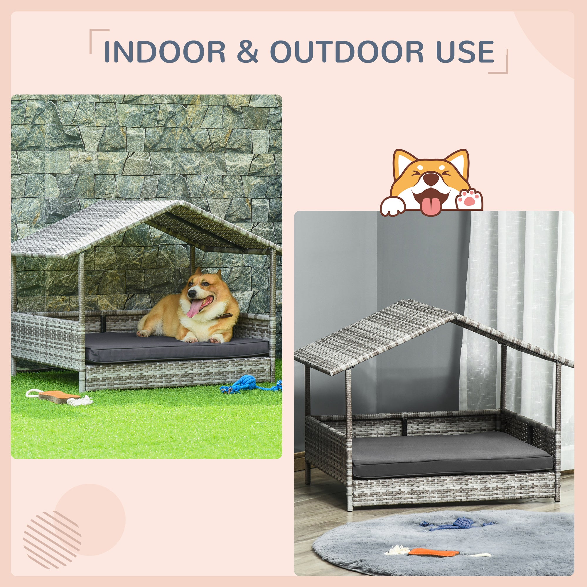 Wicker Dog House with Canopy and Removable Cushion for Small & Medium Dogs - Dark Grey