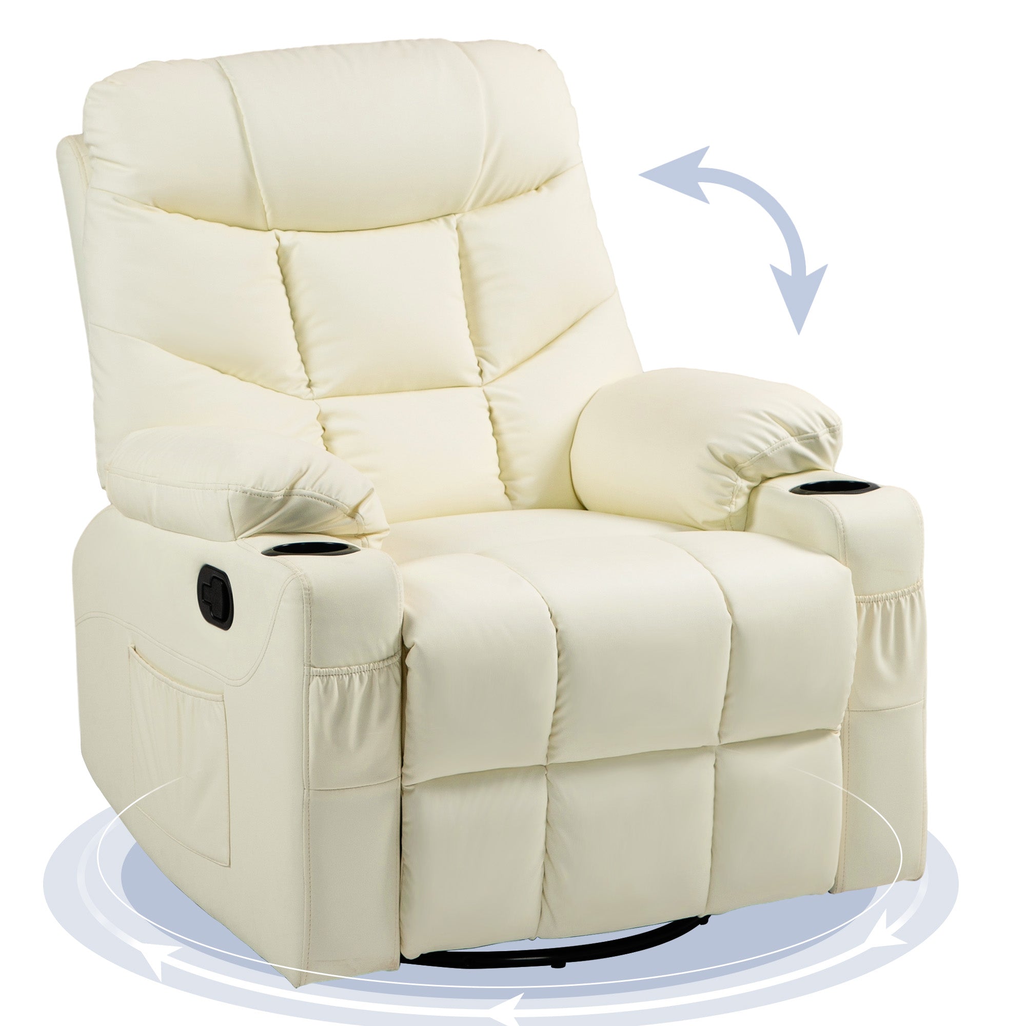 Manual Reclining Chair, Recliner Armchair with Swivel, Faux Leather, Footrest, Cup Holders, 86x93x102cm, Cream