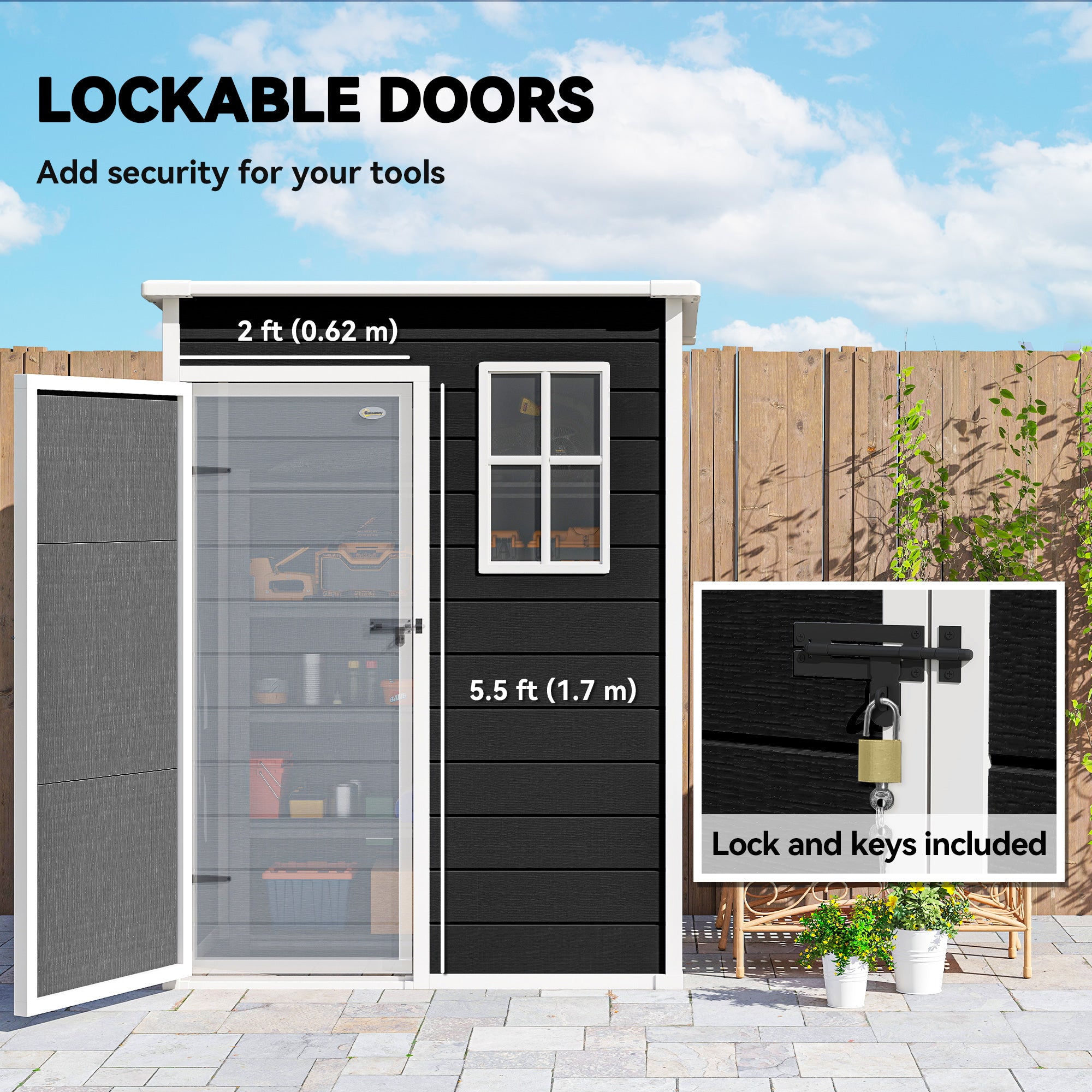 5' x 3' Garden Shed with Floor, Outdoor Storage Shed with Lockable Door, Window and Vent, Black