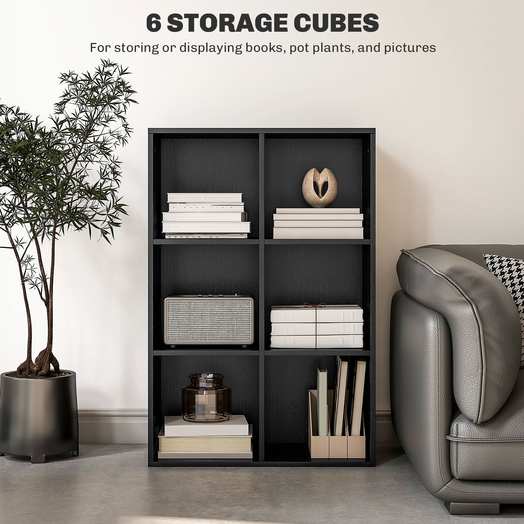 Six-Cube Bookcase Storage Unit with Black Wood Effect Finish - Black