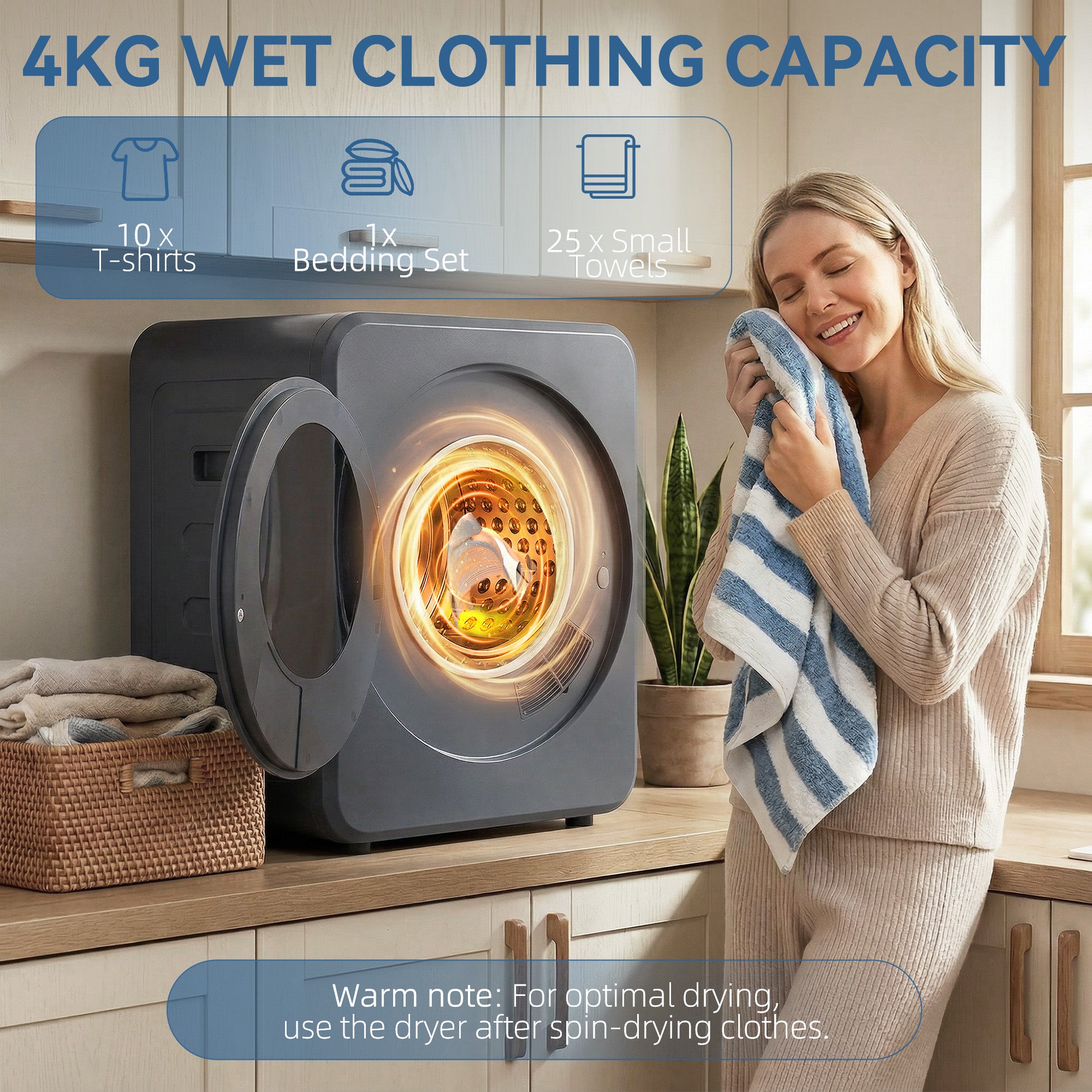 Vented Tumble Dryer, 4kg Front Tumble Dryer with Stainless Steel Tub, 800W Compact Freestanding Grey