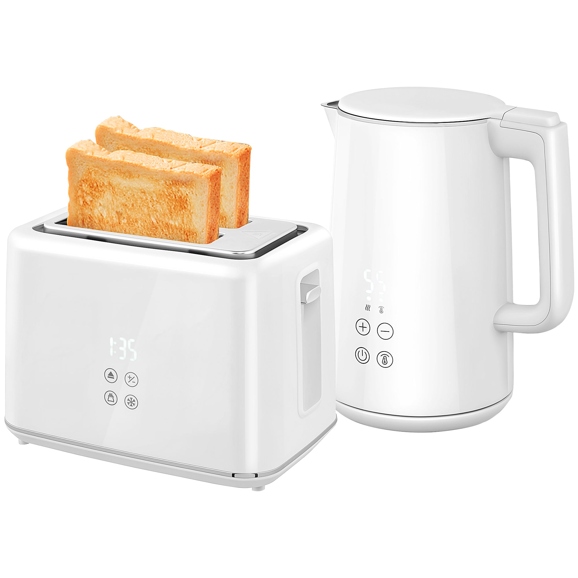 Kettle and Toaster Set, 1.5L 3000W Fast Boil Kettle with Insulation & 2 Slice Toaster Kitchen Set with 7 Level Browning Controls, Defrost, Reheat and Crumb Tray, Cream White