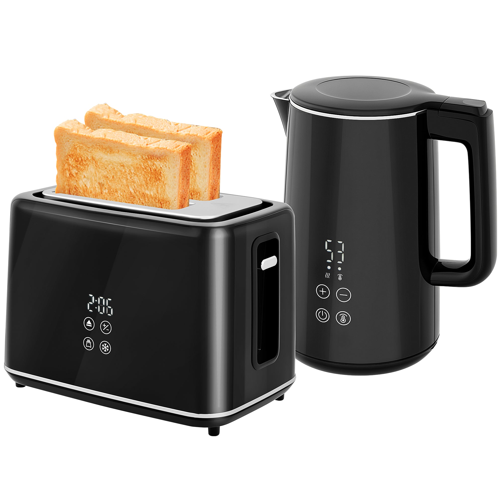 Kettle and Toaster Set, 1.5L 3000W Fast Boil Kettle with Insulation & 2 Slice Toaster Kitchen Set with 7 Level Browning Controls, Defrost, Reheat and Crumb Tray, Black