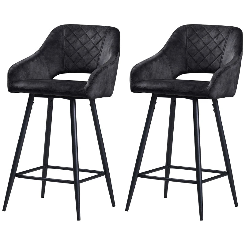 Set of Two Velvet-Feel Bar Stools - Grey