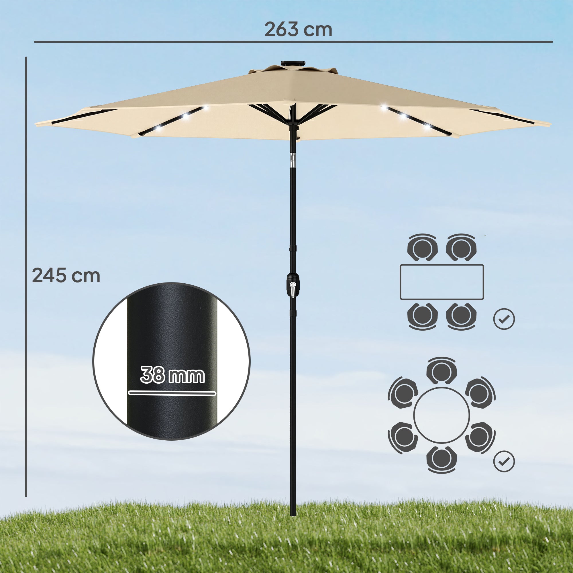 2.6 m Garden Parasol Umbrella with LED Solar Light, Parasol Cover, Outdoor Market Patio Umbrella, Beige