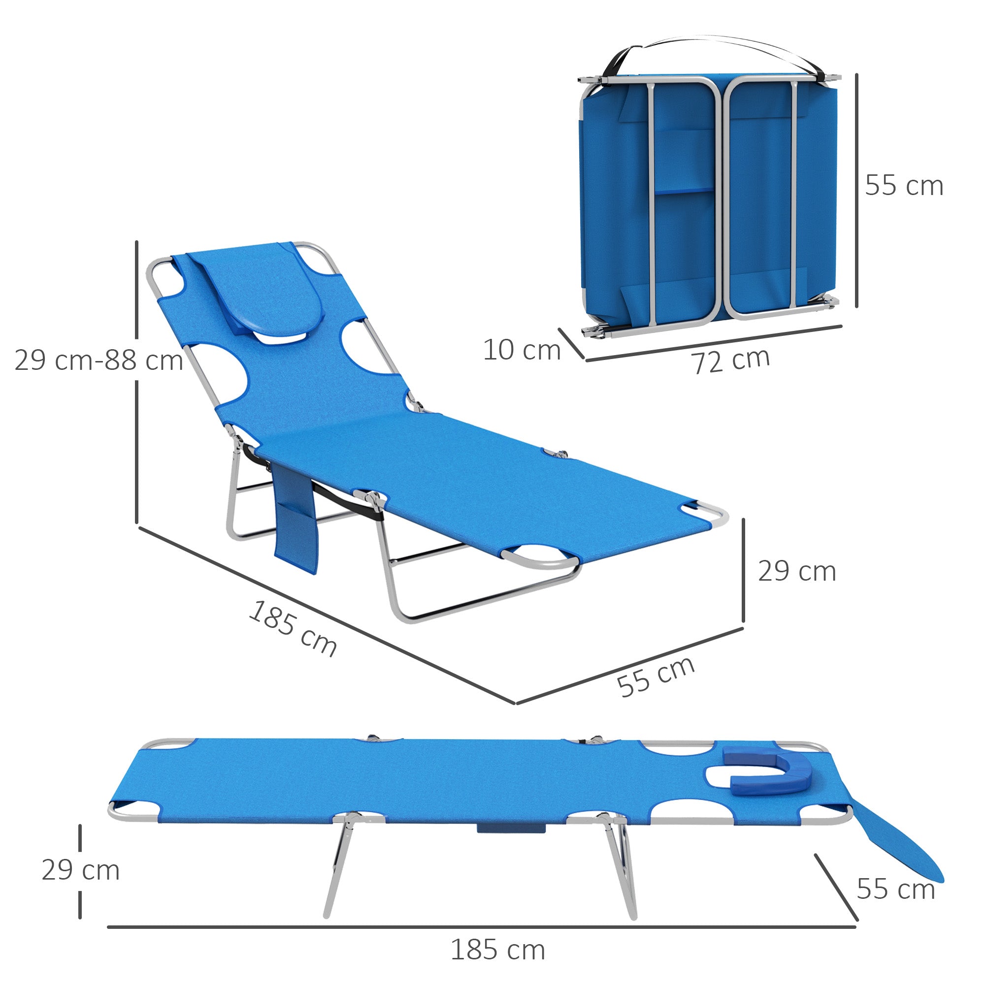 Foldable Sun Lounger Set of 2 with Reading Hole, Portable Sun Lounger with 5 Level Adjustable Backrest, Reclining Lounge Chair with Side Pocket, Headrest Pillow, Blue