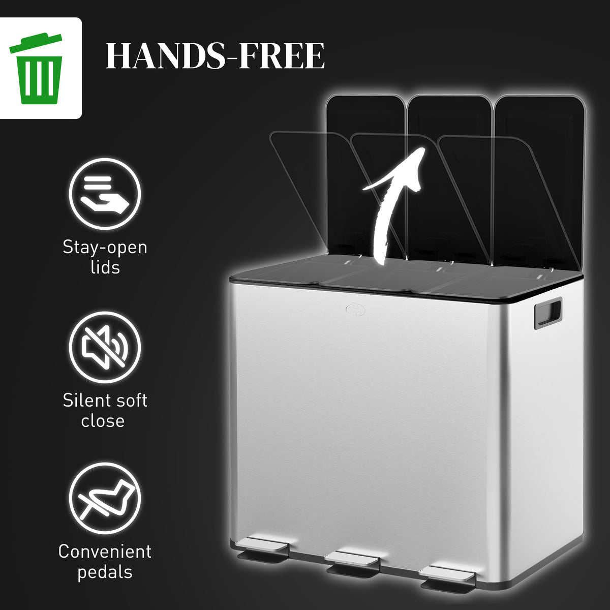 3 x 15L Steel Triple Pedal Kitchen Bin with Soft Close Lid and Removable Buckets - Silver Tone