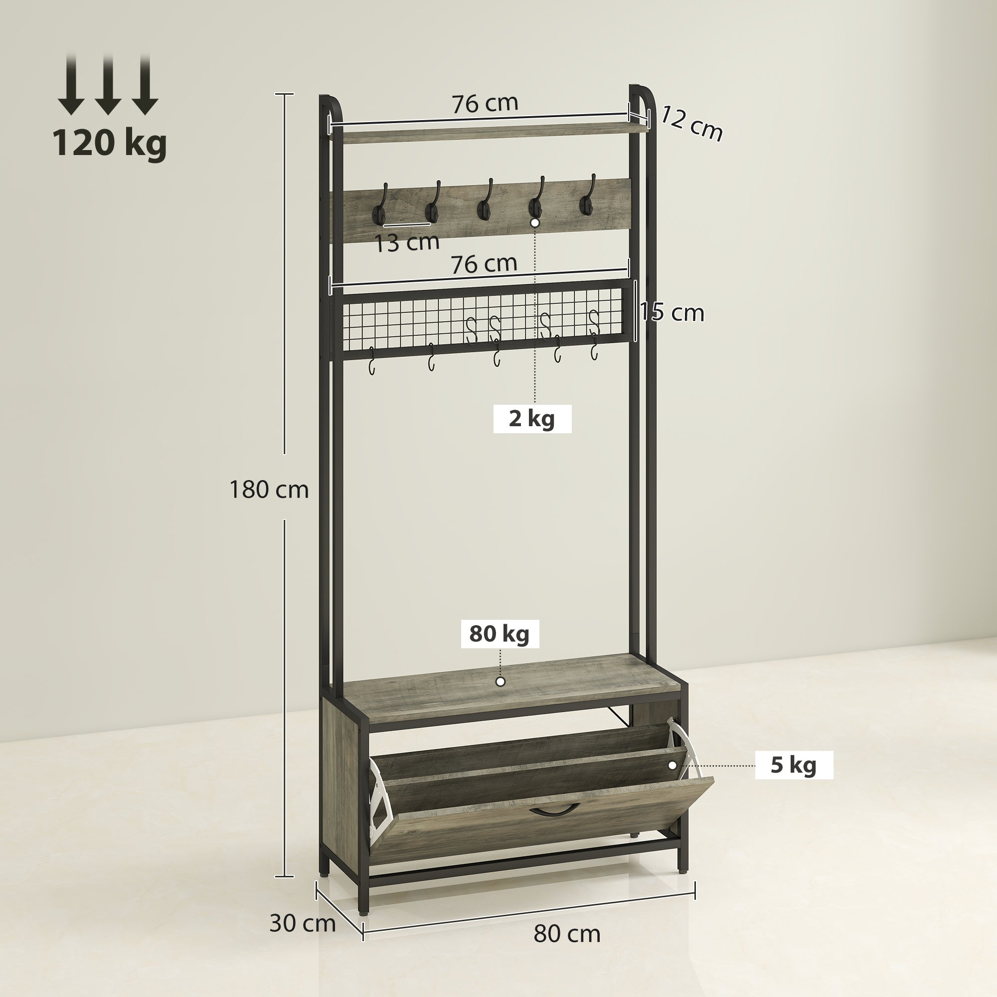 5-In-1 Industrial-Style Hallway Tree - Grey/Black
