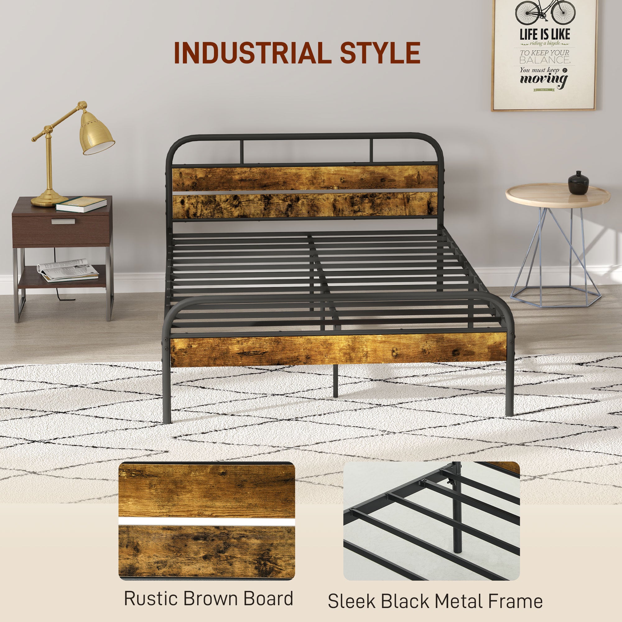 Industrial-Style Double Bed Frame - Black/Brown