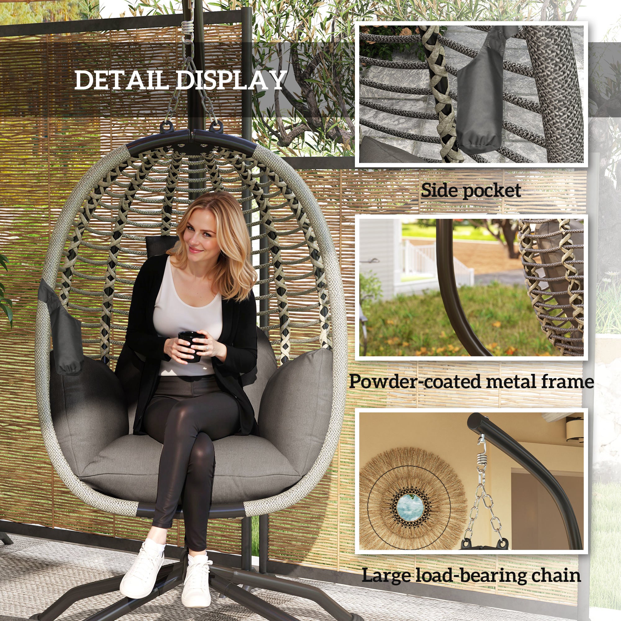 1 Piece Outdoor Hanging Egg Chair with Padded Cushion and Metal Stand Dark Grey