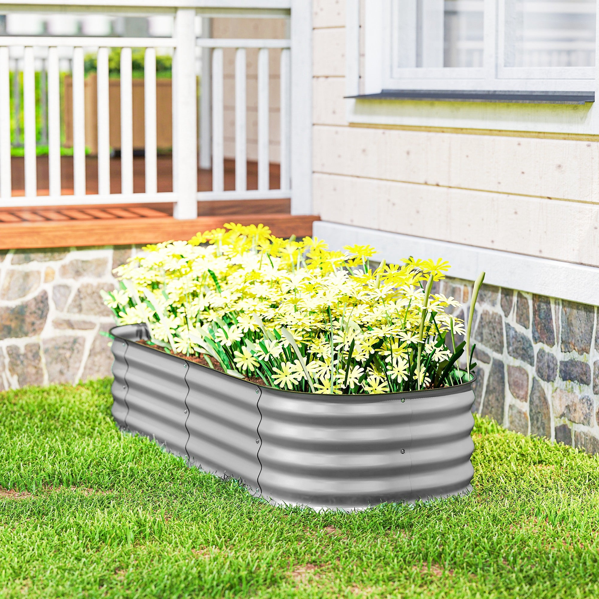Galvanised Raised Garden Bed, Metal Planter Box with Safety Edging, for Flowers, Herbs, Succulents, Silver